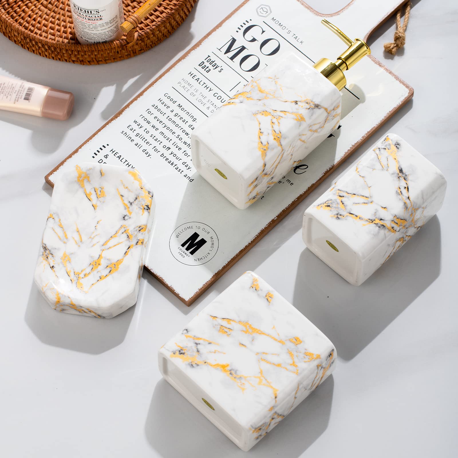 4 Piece Bathroom Accessories Set - White Bathroom Accessory Sets Includes Lotion Dispenser, Toothbrush Holder Tumbler, And Soap