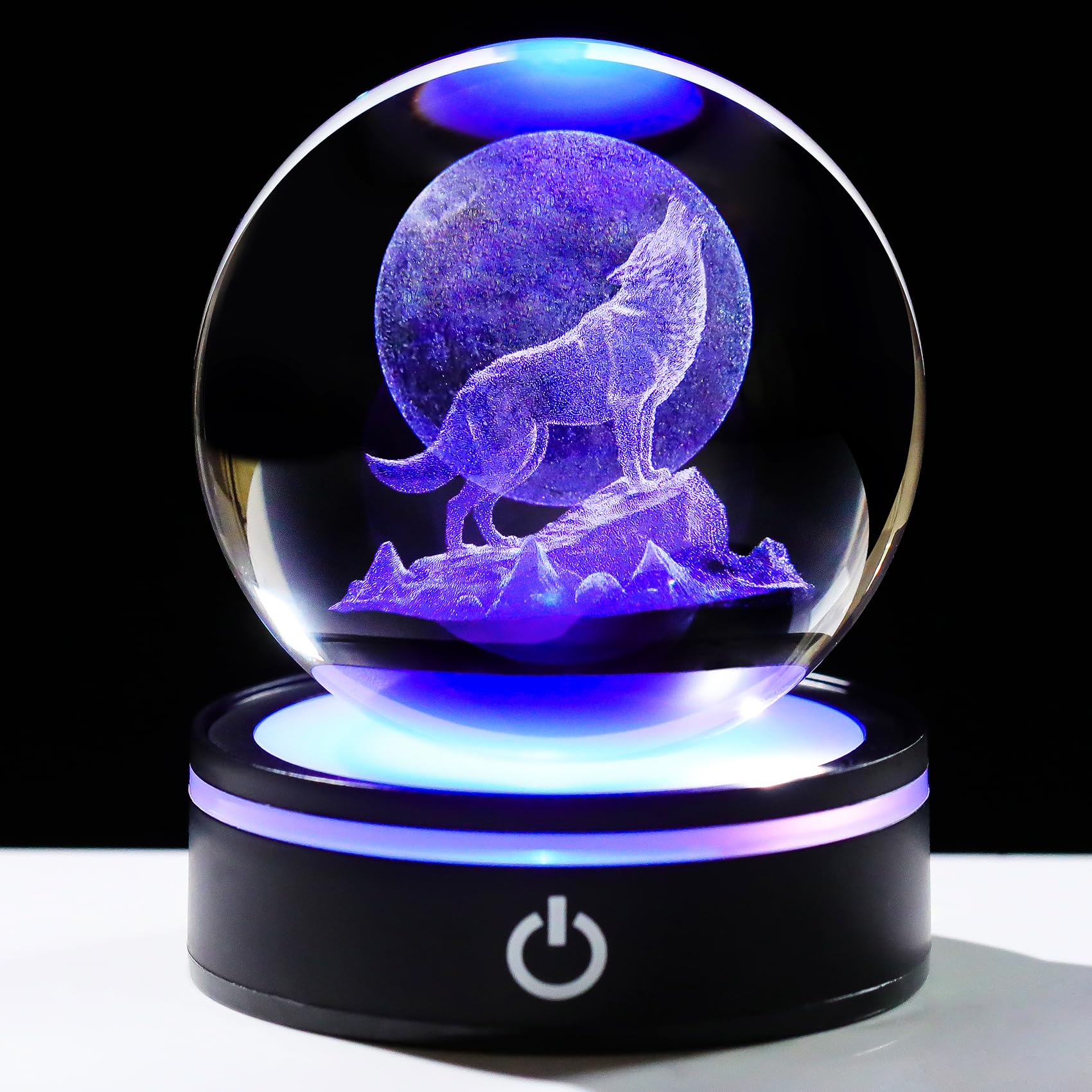YWHL 3D Crystal Ball Moon Wolf Figurine with Colorful LED Base, Laser Wolf Gifts for Women Men Wolves Lovers on Christmas Birthd
