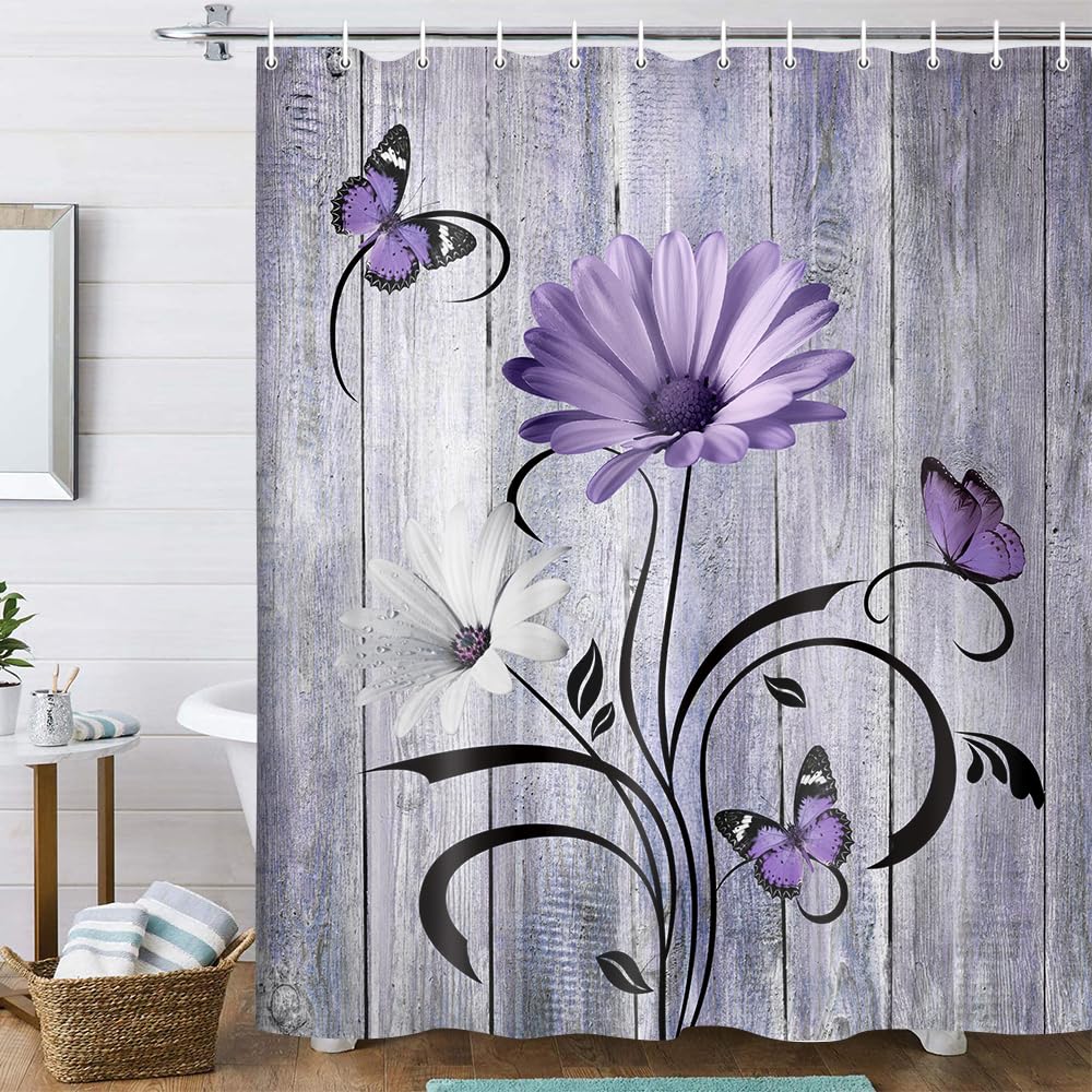 Rustic Farmhouse Floral Shower Curtain, Farm Boho Purple Daisy Flowers and Butterfly on Country Wooden Shower Curtain for Bathro