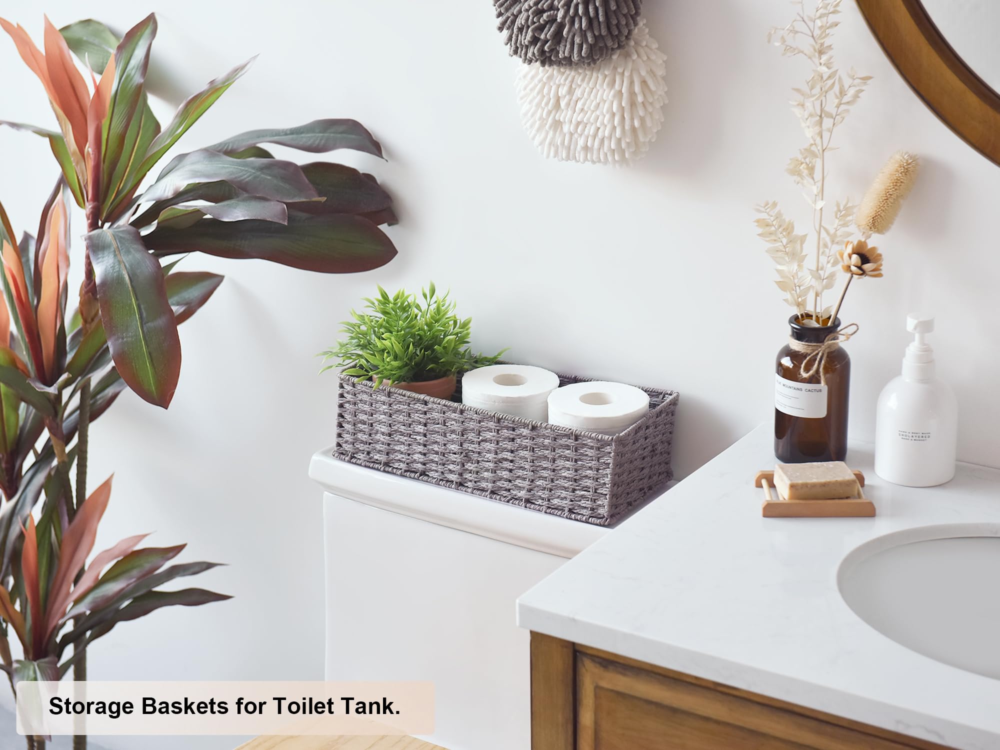 StorageWorks Toilet Basket Tank Topper  Toilet Paper Basket for Bathroom  Round Paper Rope Storage Basket for Toilet Tank Top  Bathroom Wicker Basket  Gray  2 Pack