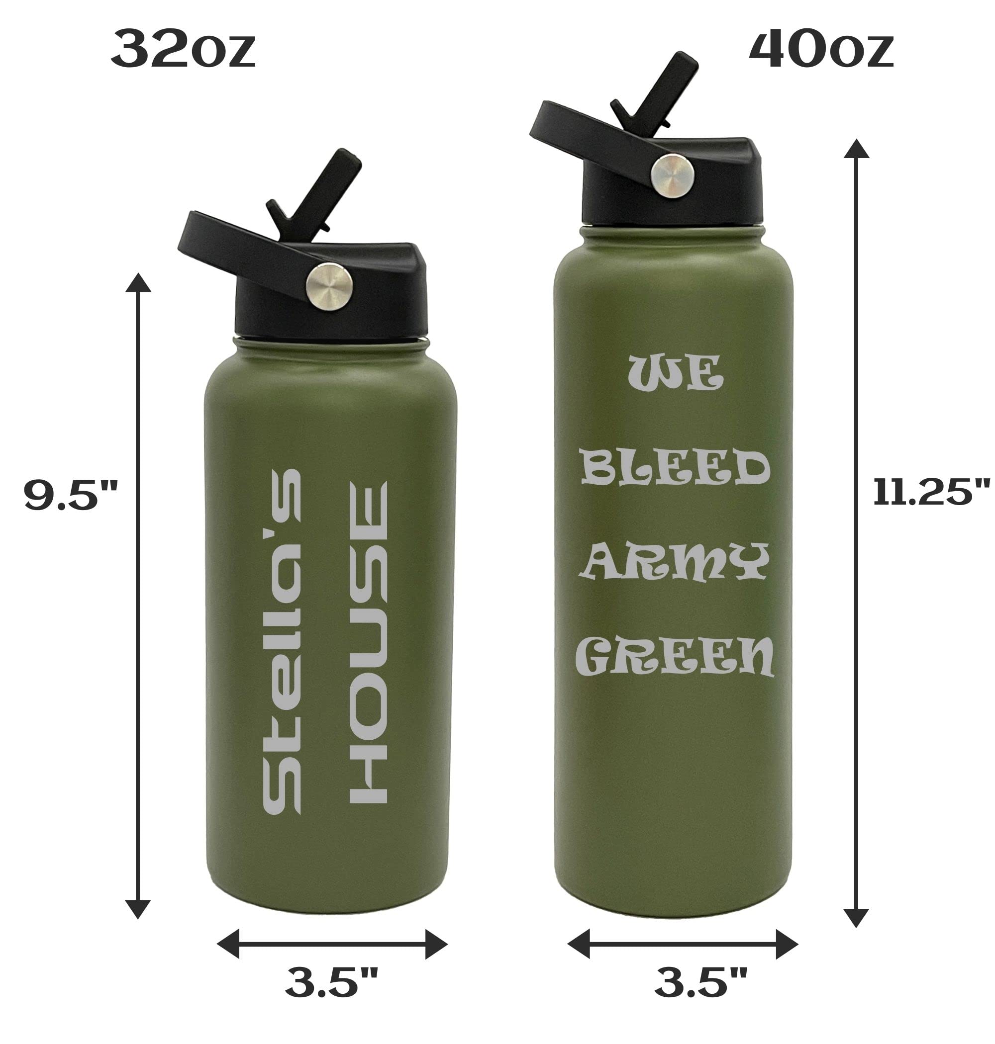 Oezzo Customized Tumblers, Army Green Double Wall Personalized Bottles With Flip Top Spout Lid, Laser Engraved Text For Special