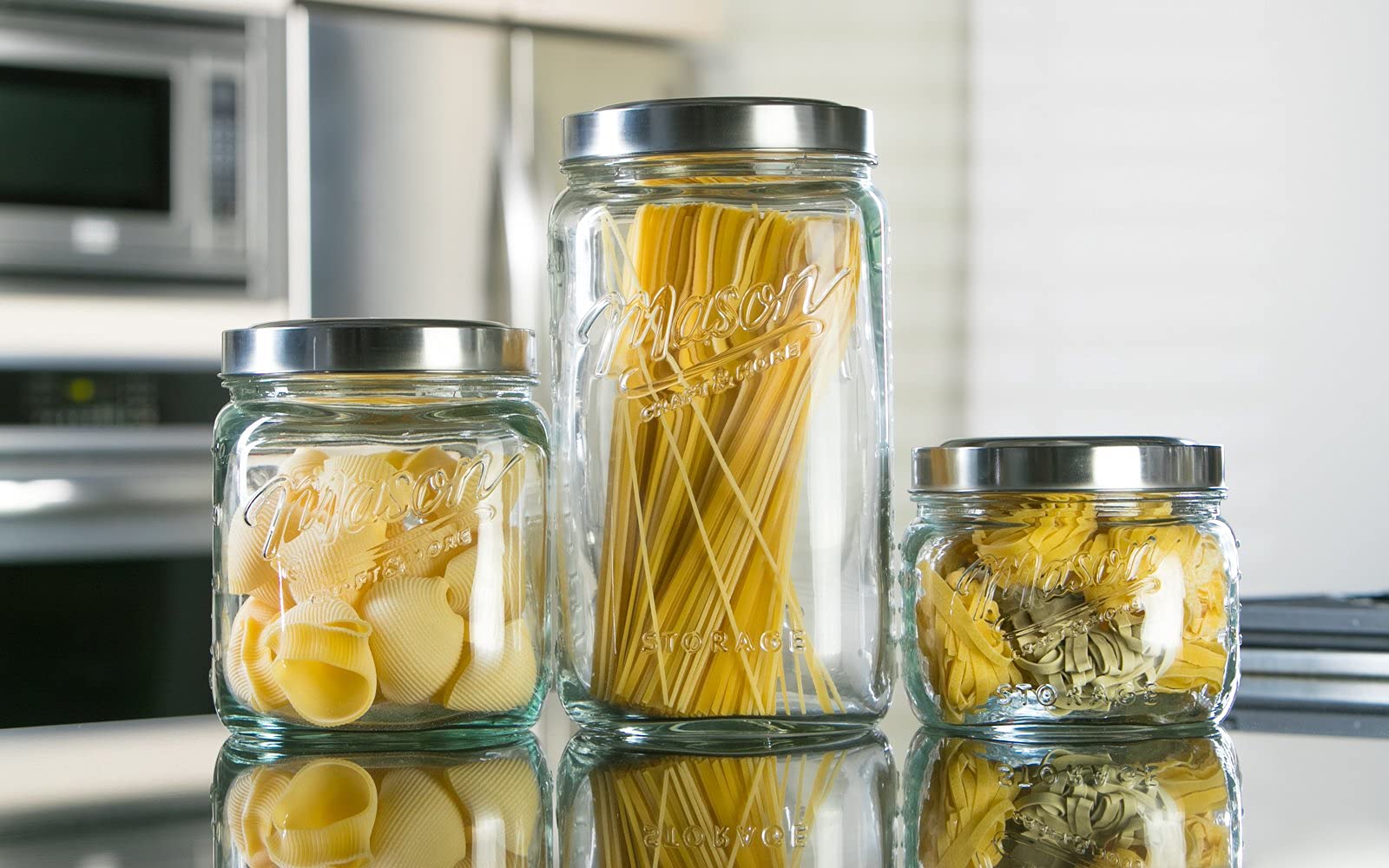 Mason Craft & More Glass Pop Up Canister Set, 3PC (1.6L, 2.75L, 4.6L), Airtight Food Storage, Clear