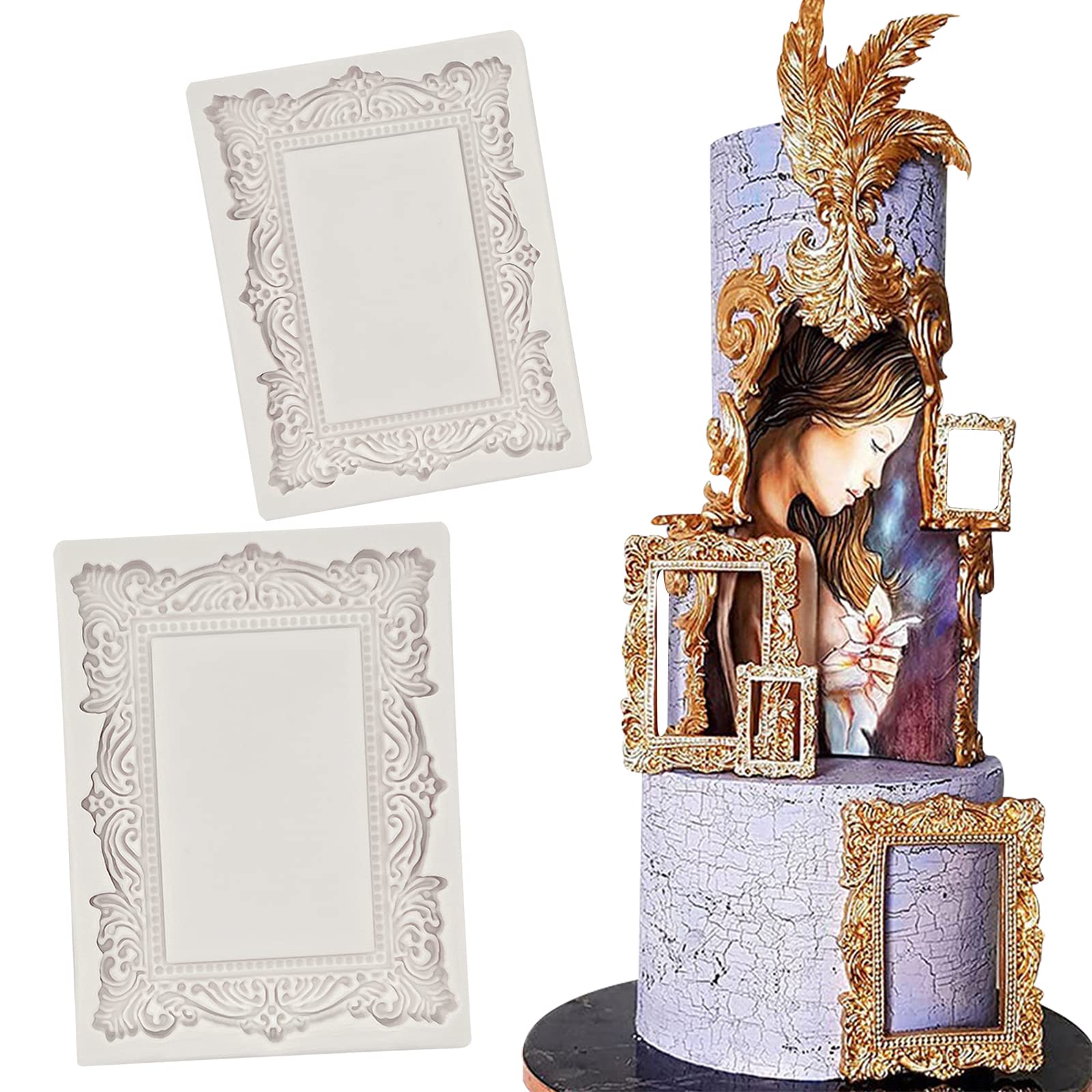 Baroque Photo Frame Fondant Molds, 2 Pcs Cake Decorating Silicone Molds For Candy Chocolate, Sugar Craft Paste, Cupcakes, Weddin