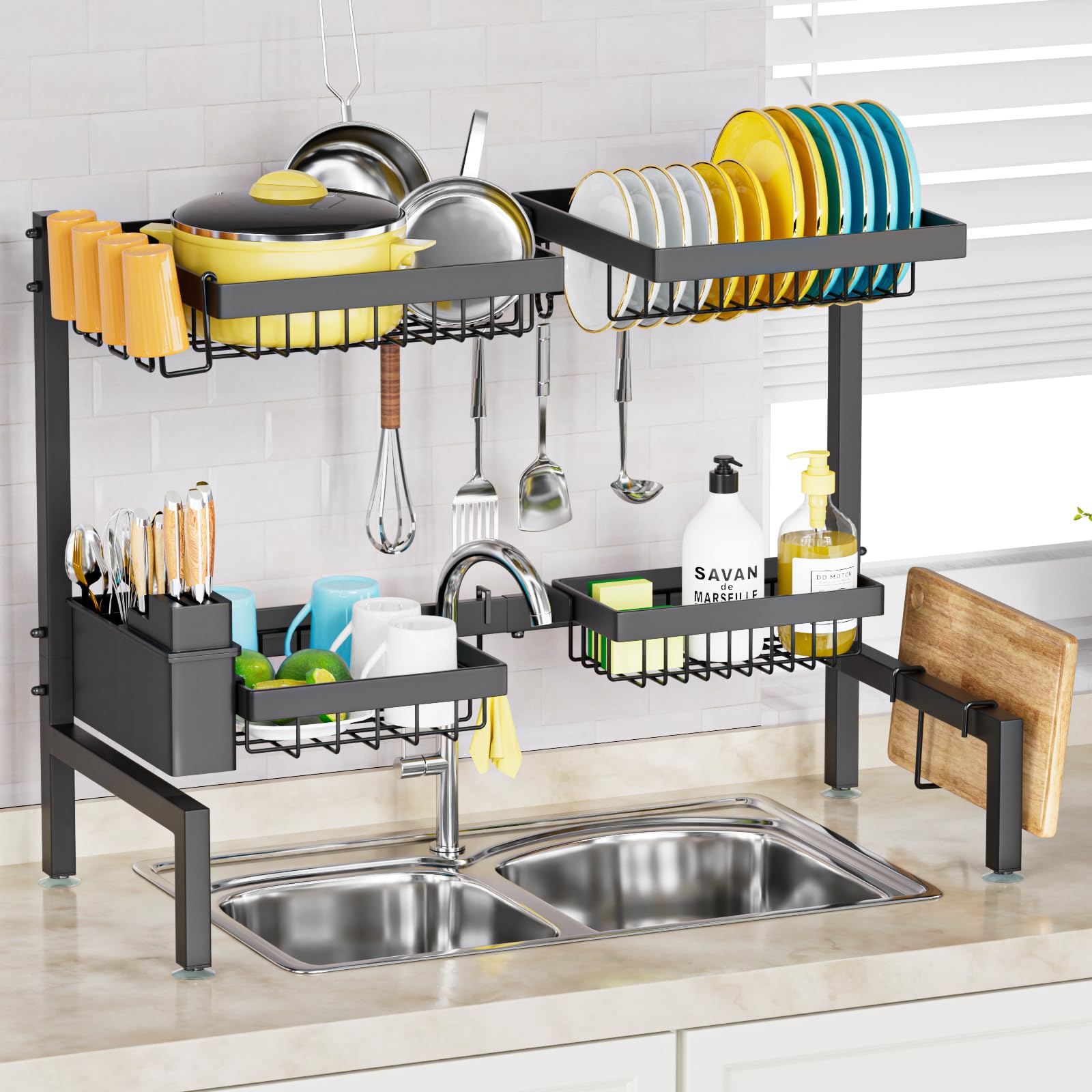 Snslxh[2-Tier 4 Baskets]Over The Sink Dish Drying Rack, 24.8''-35.4'', Large Sink Rack For Kitchen, Extensible And Adjustable, S