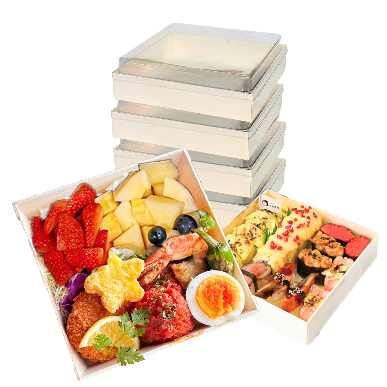 ganfaner Disposable Bento Boxes with Lids, Wooden Bowls for Lunch/Snack Box, Oil/Seepageproof Poplar Catering Tray w/Wax Paper 