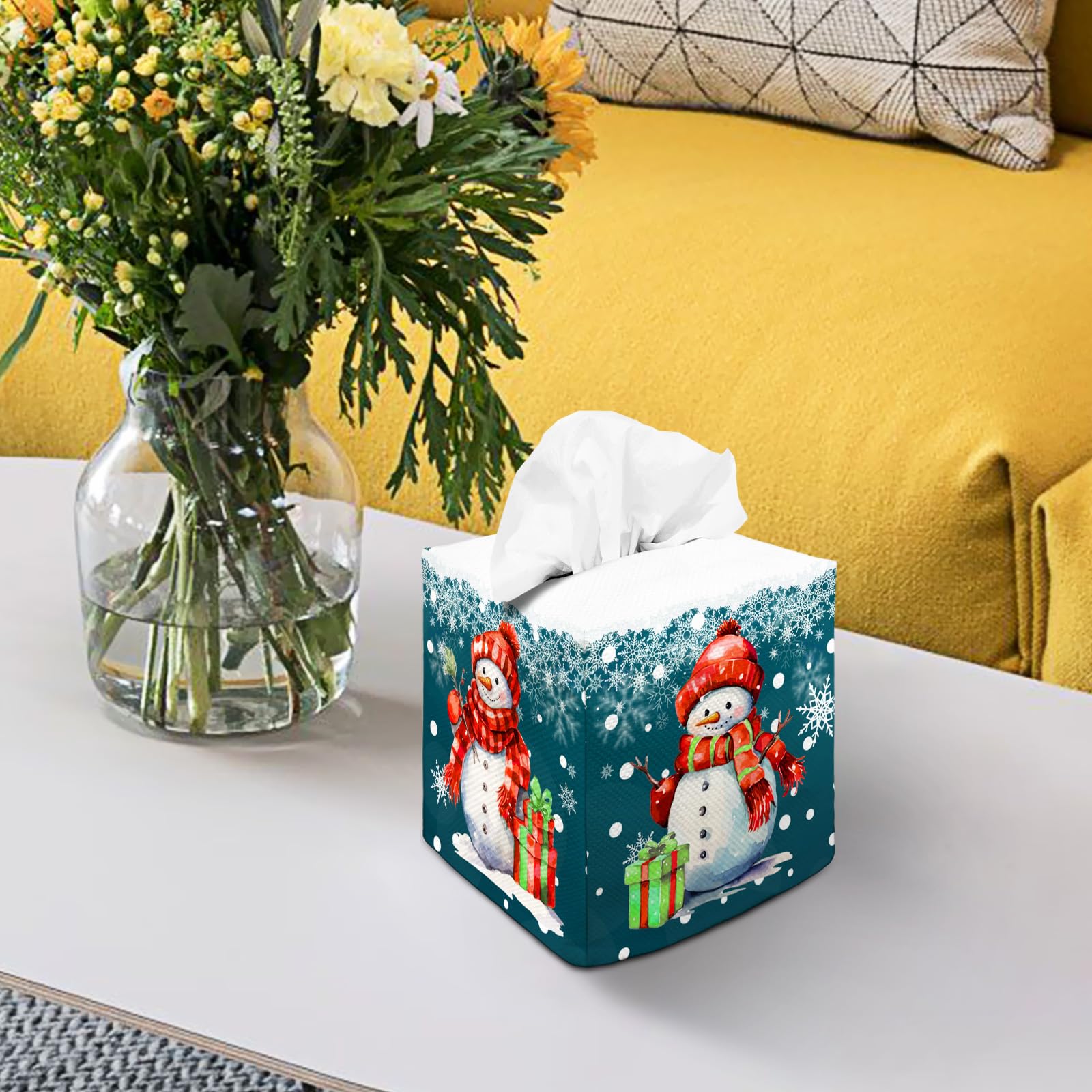 Tissue Box Cover Square Canvas Decorative Tissue Box Holder Cute Funny Cube Tissue Case Cover-Xmas Decor Christmas Snowman Tissu