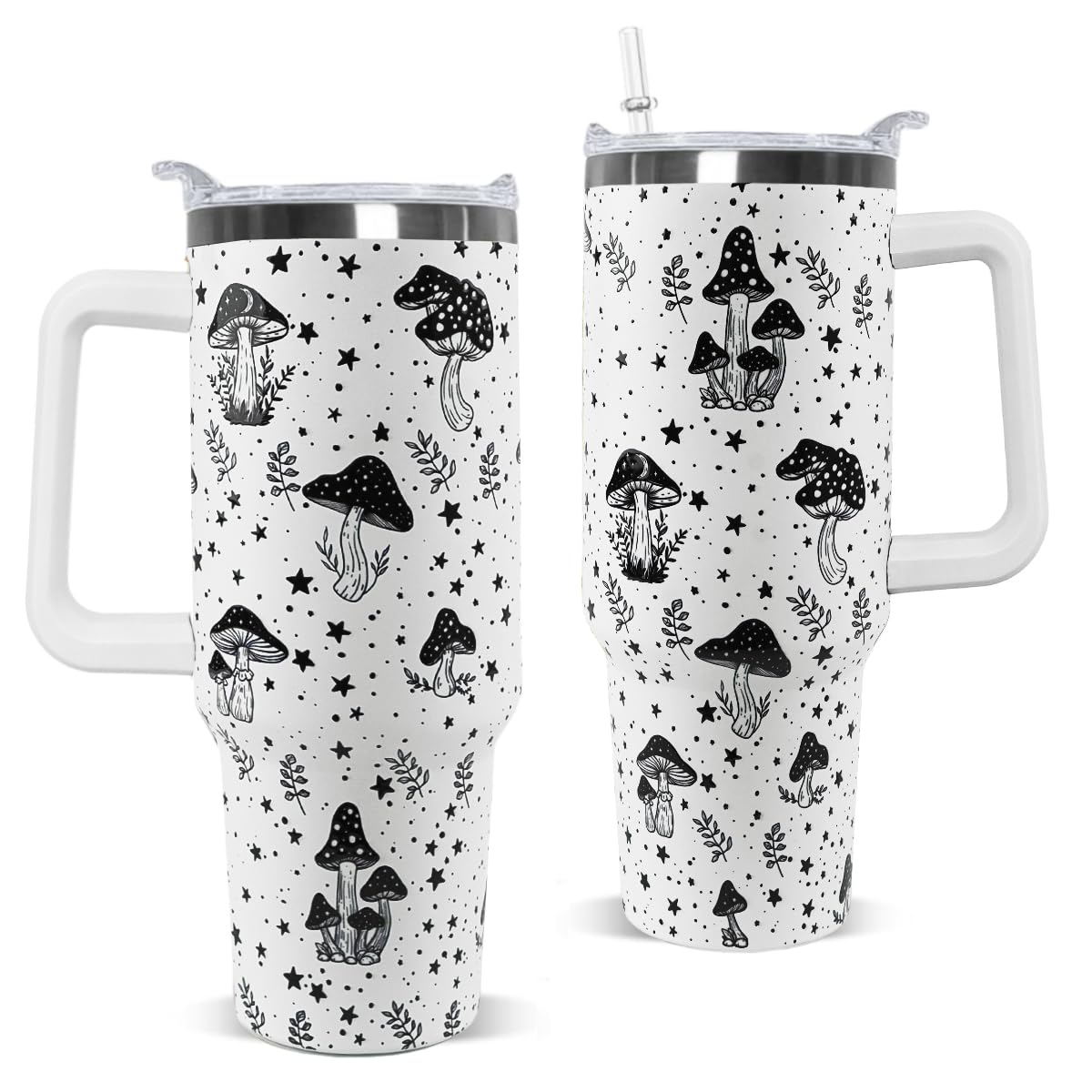 Nqhsionv Mushroom Tumbler with Handle and Straw 40 oz Retro Goth Mushroom Cups Coffee Travel Mug Stainless Steel Insulated Water