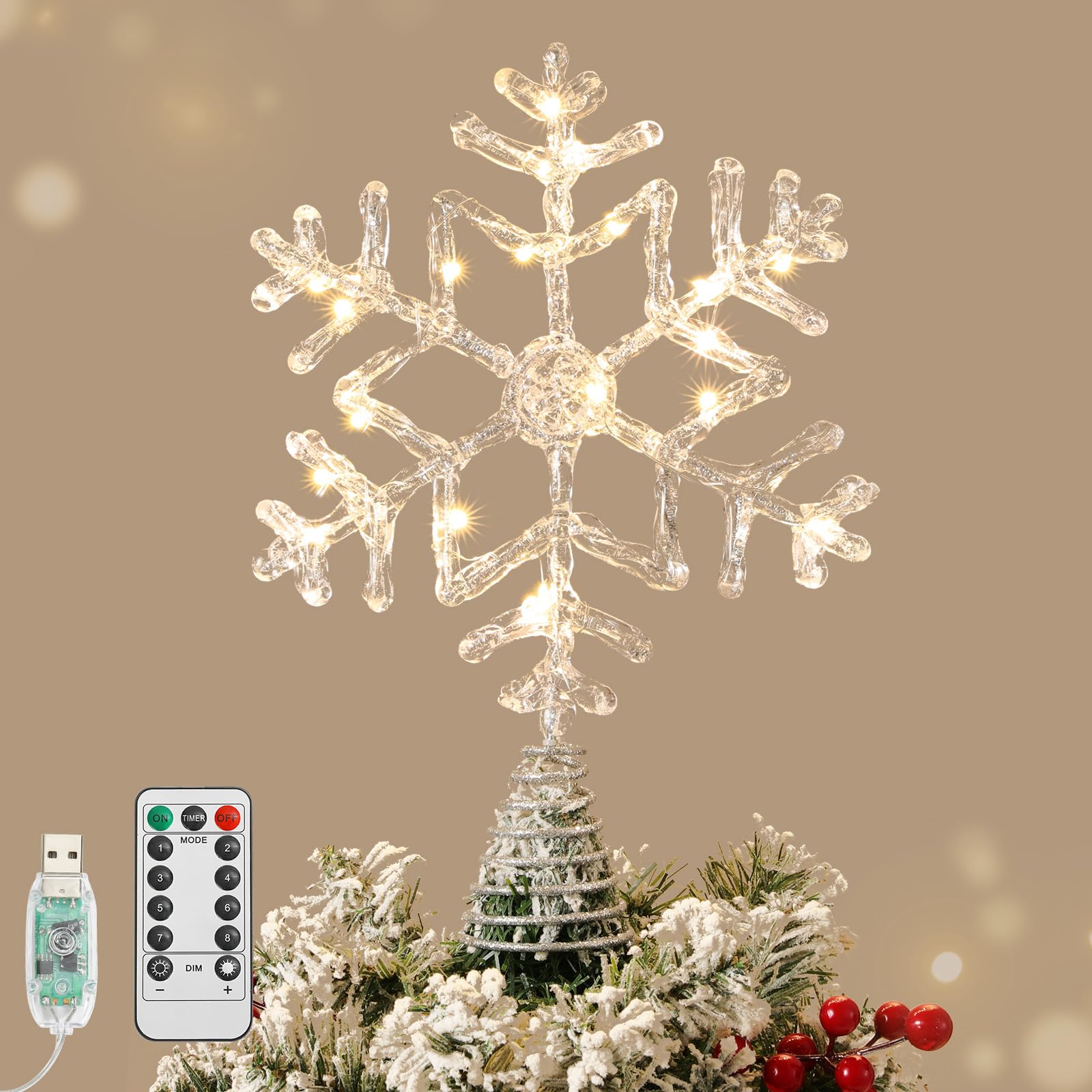 Lewondr Christmas Snowflake Tree Topper, 12.2 Glittered Epoxy Xmas Tree Topper with 20 LED Bulbs, 6 Hrs Timer and 8 Modes USB 