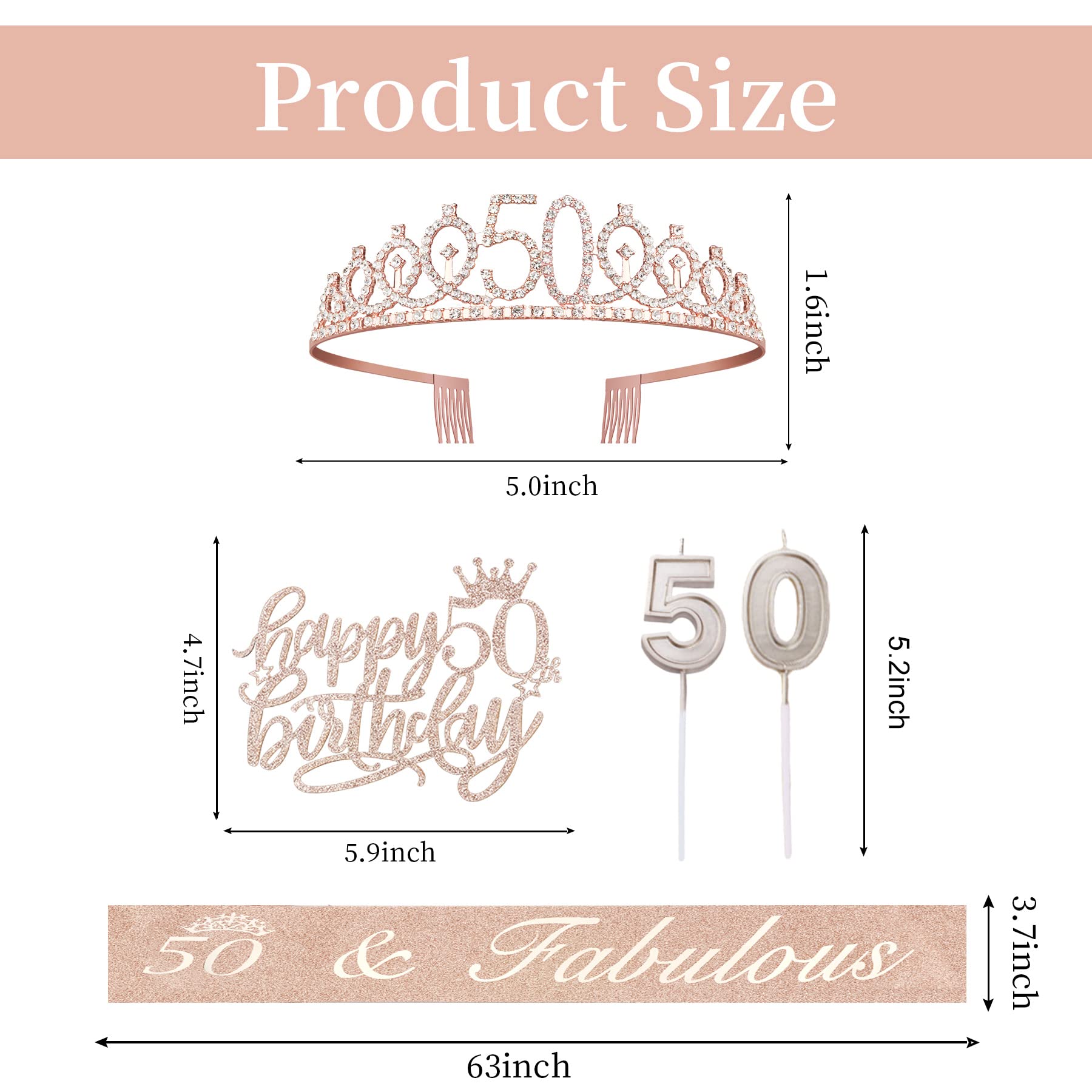 50th Birthday Gifts for Women  Including 50th Birthday Crown/Tiara  Sash  cake topper and Candles  50th birthday decorations women