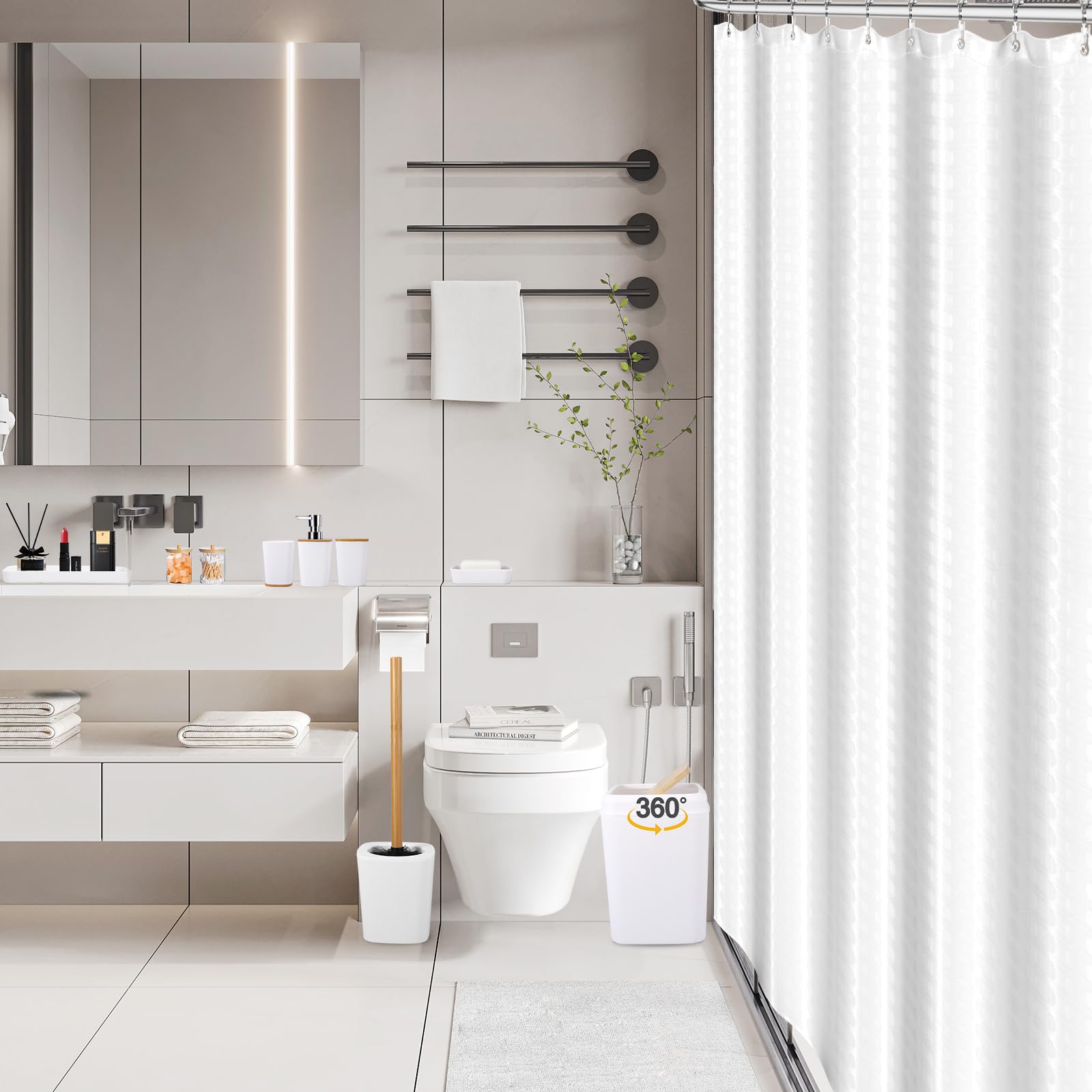 White Bathroom Sets Accessories With Waffle Shower Curtain,Bathroom Sets With Trash Can,Toothbrush Holder,Toothbrush Cup,Soap Di