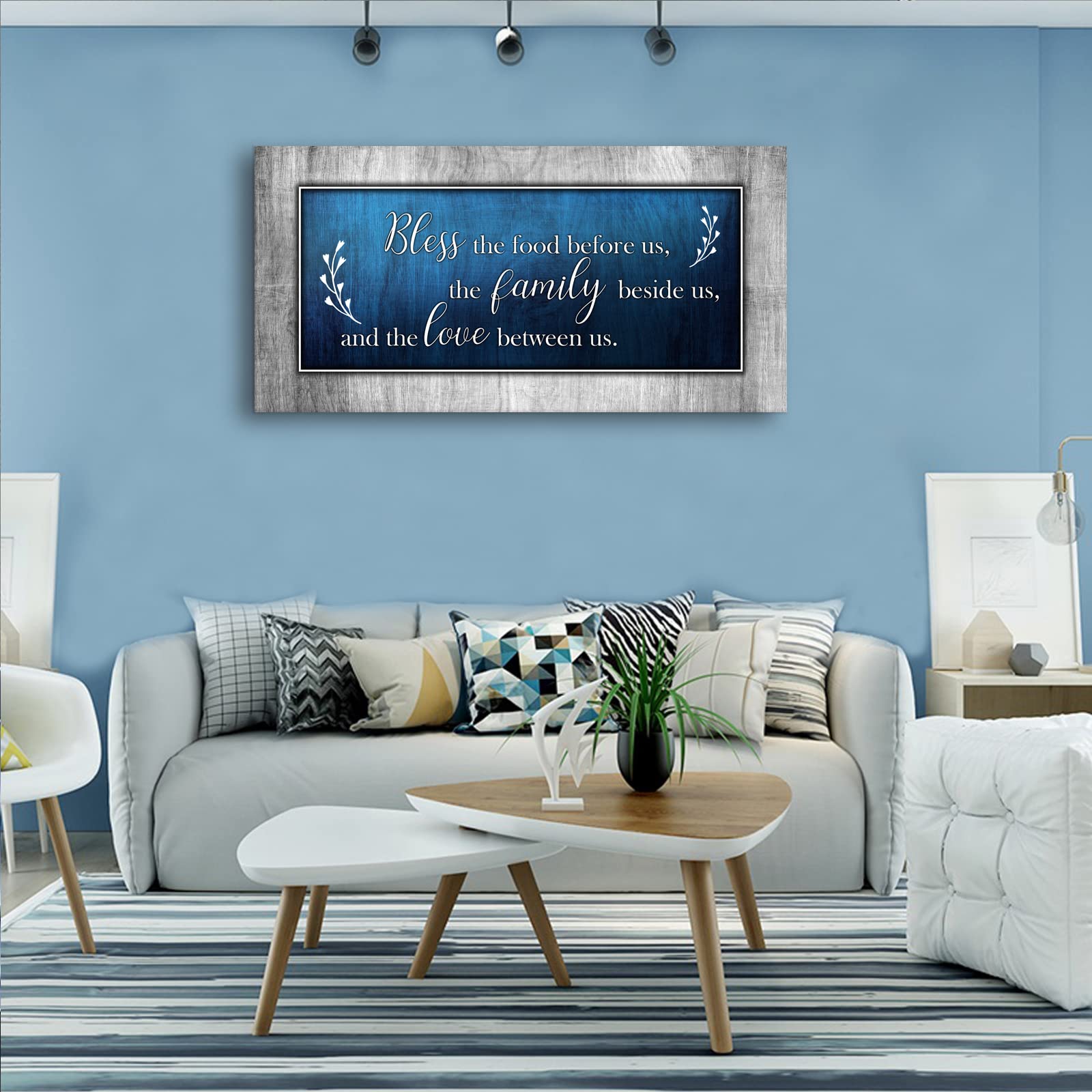 Aoshdart Canvas Wall Art For Dining Room Decor-Blue And Grey Canvas Prints Painting Bless The Food Quote-Wall Pictures Living Ro