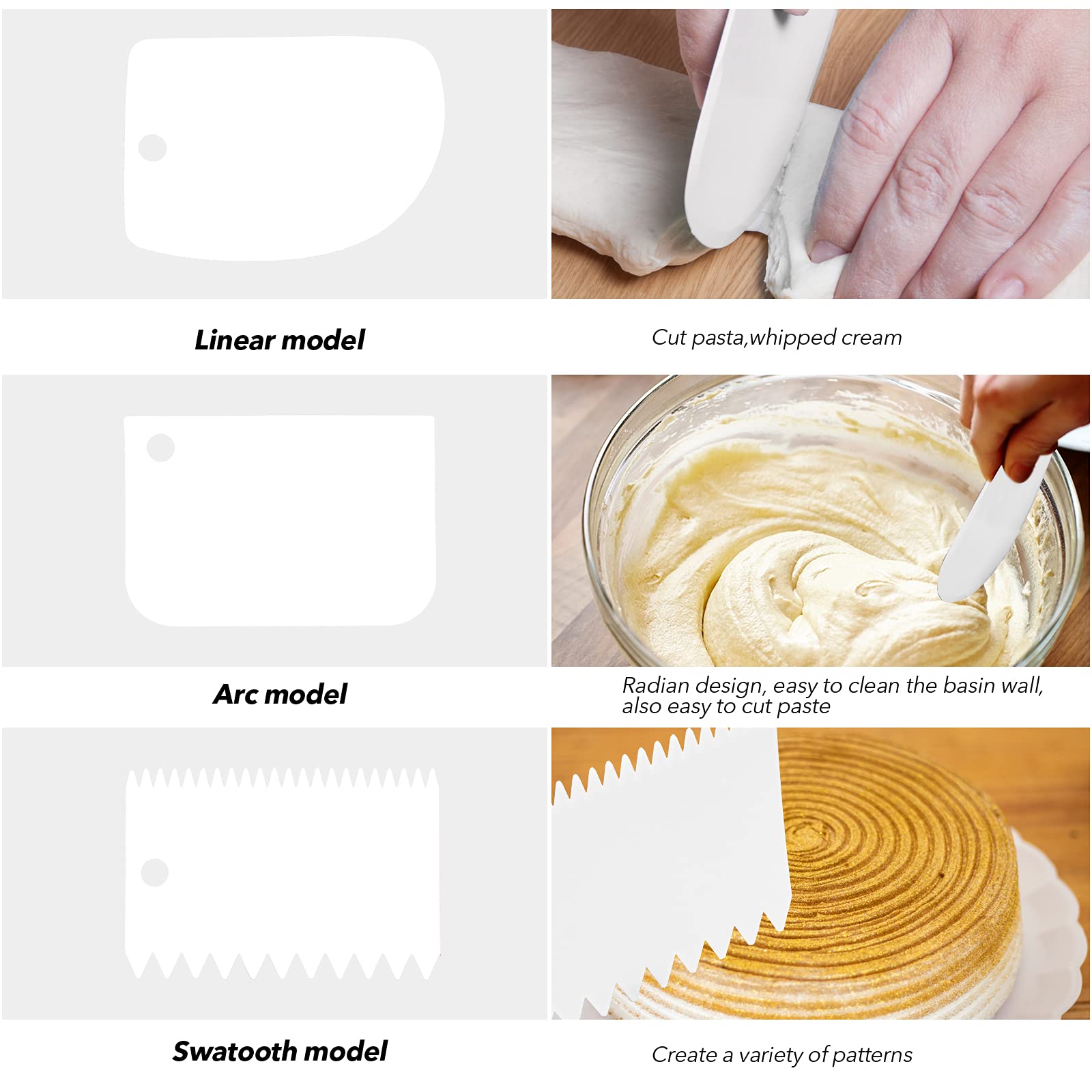 Jzszera Multipurpose Bowl Scraper And Cake Scraper Smoother, 5 Pcs Flexible Plastic Dish Scraper Dough Cutter Dough Scraper Benc