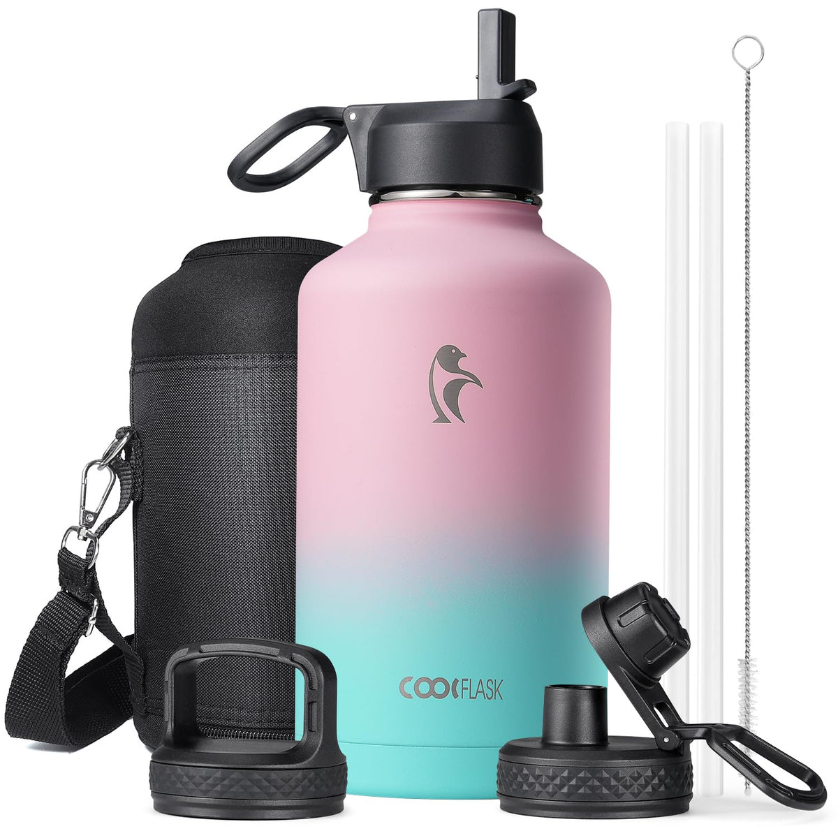 Water Bottle Insulated 64 Oz With Straw & 3 Lids, Coolflask Half Gallon Water Jug Large Metal Stainless Steel Wide Mouth, Non-Bp
