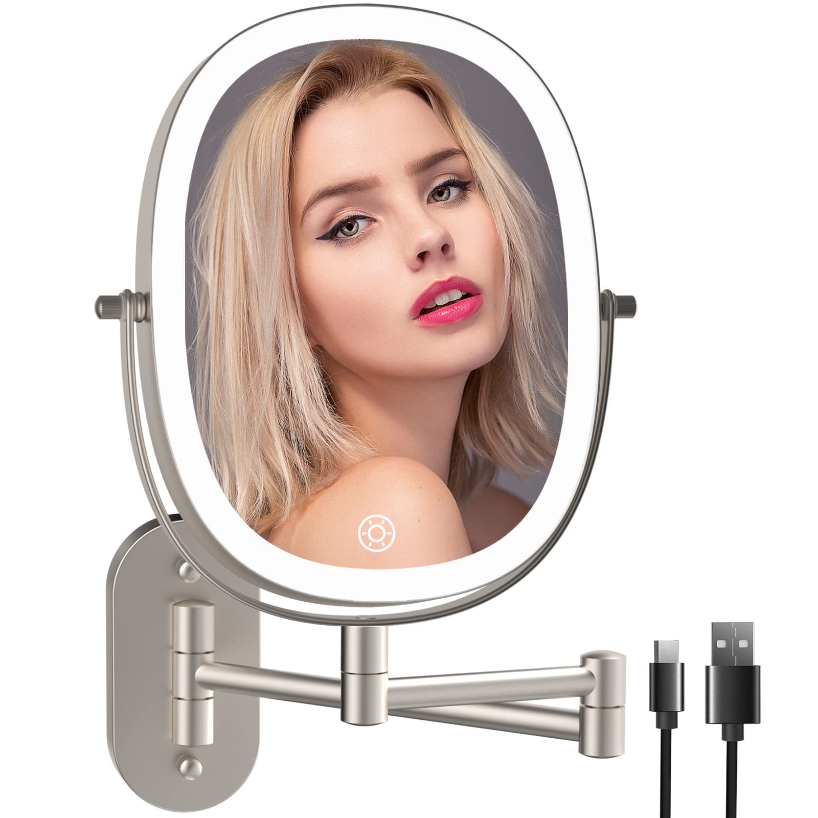 Lighted Wall Mounted Makeup Mirror, Double Sided 1X/7X Magnifying Mirror, 3 Color Lighting Option Dimmable, 360 Rotation Extensi