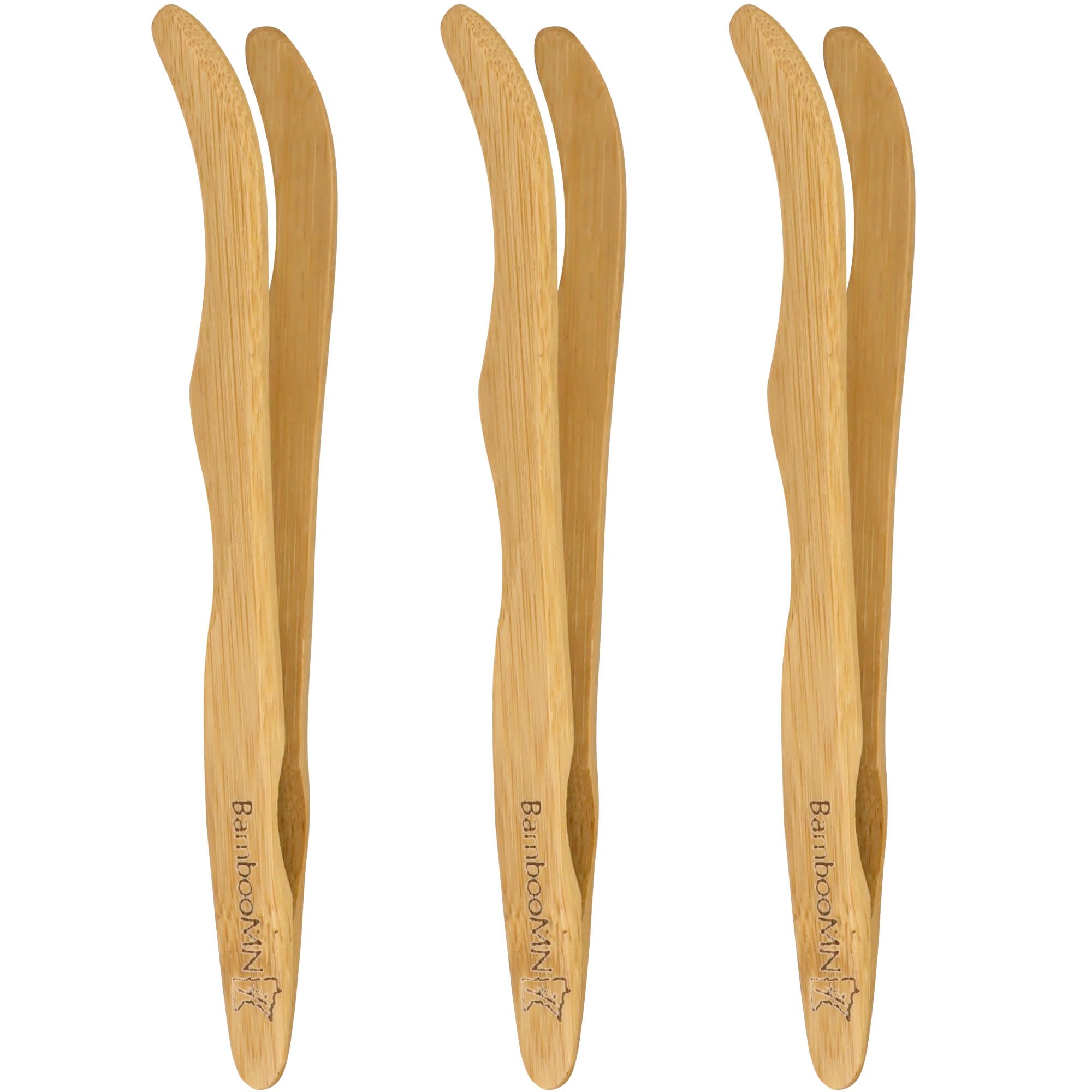Bamboomn 7'' Reusable Bamboo Toast Tongs, Curved Arms, Carbonized Brown - 3 Pieces