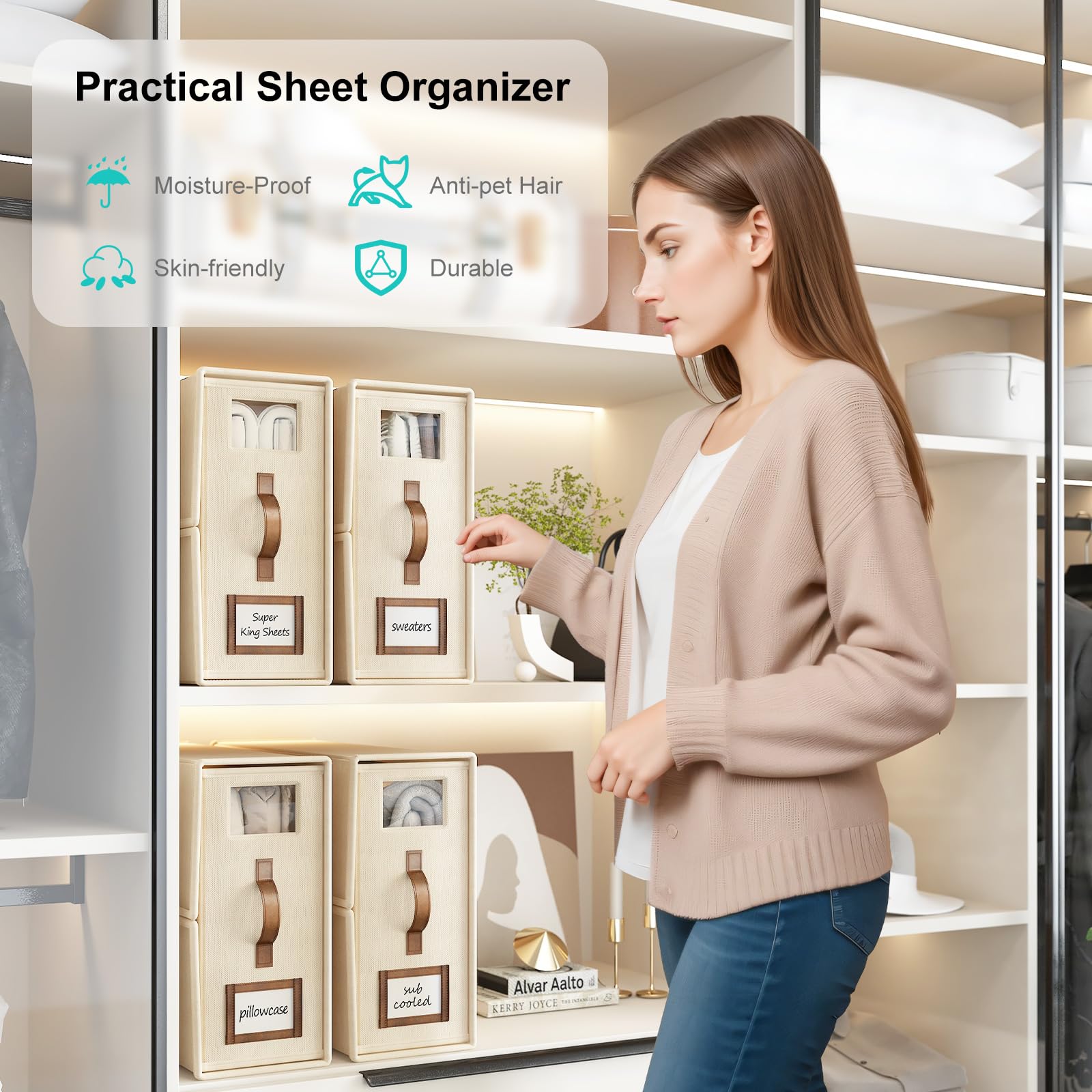 BigPonPon 8 Pack Foldable Bed Sheets Set Organizers and Storage(Cal King Size),Linen Fabric Closet Organizers with Window,Foldin