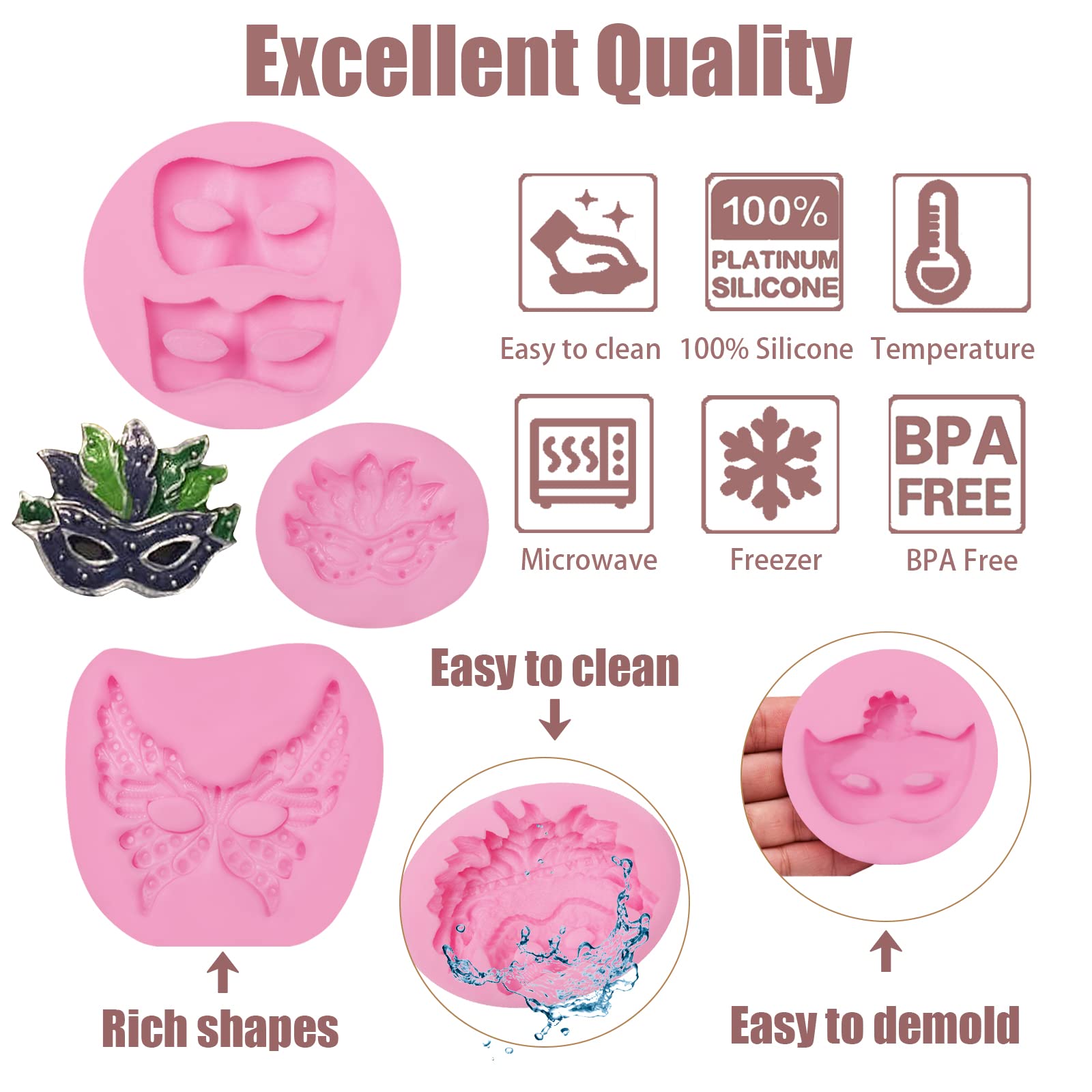 Masquerade Mask Silicone Molds 5 Pcs, Mask Chocolate Fondant Mold For Cake Decoration, Candy Sugar, Cupcake Topper, Cake Pop, Po