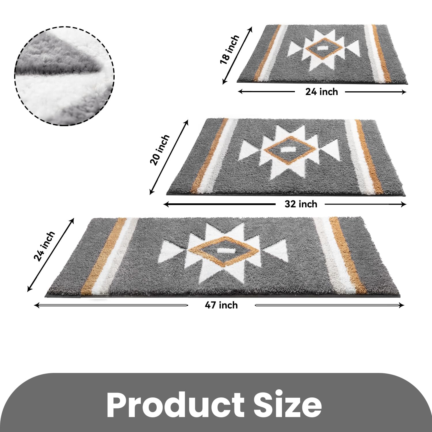 Tanvill Grey Bathroom Rugs Boho Bath Mat Non Slip, Soft Absorbent Bath Rug Microfiber Washable Floor Mat For Bathroom Shower Tub