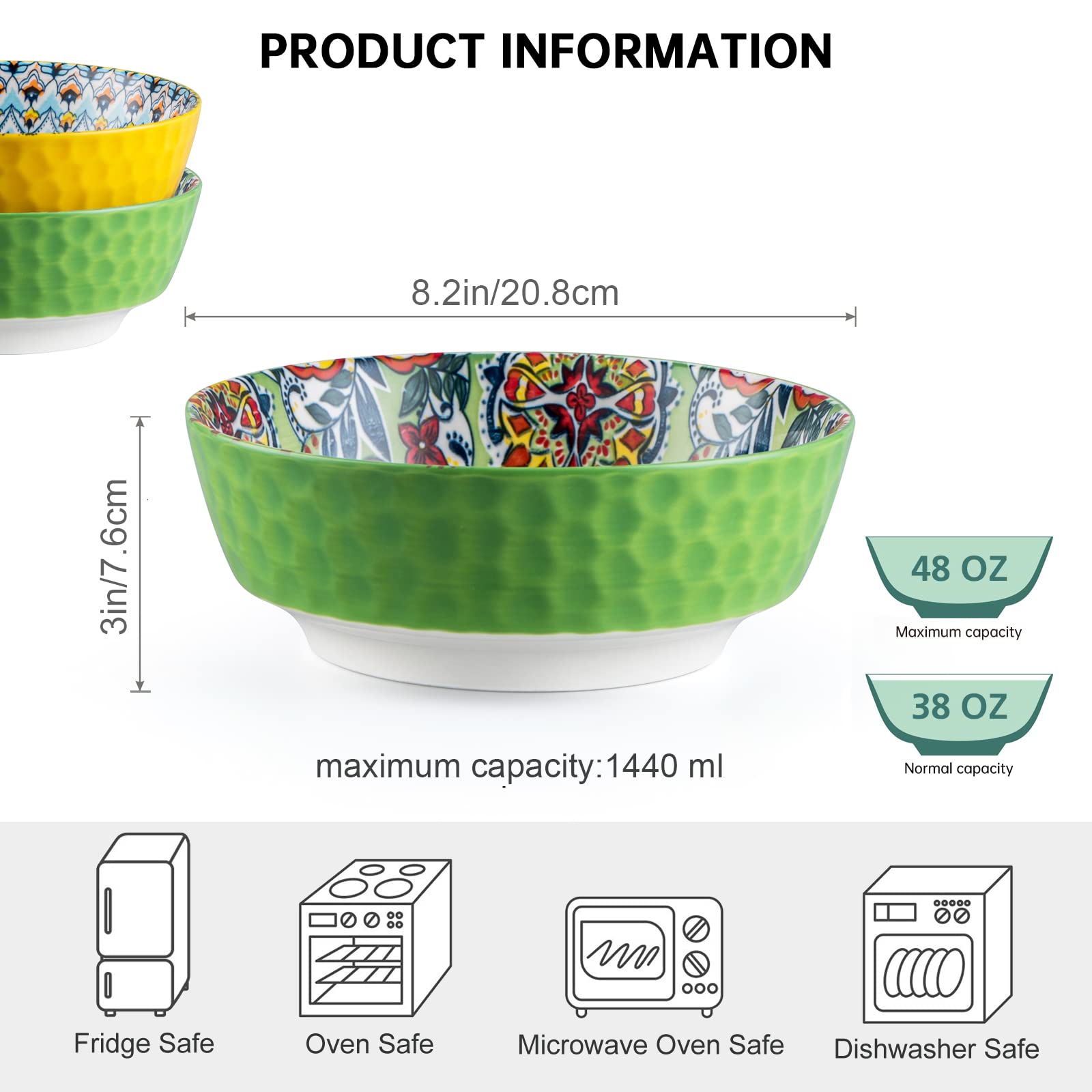 Henxfen Lead Large Salad Bowl Sets For Serving Pho, Ramen, Soup, Fruit, Snacks - 48 Oz Big Ceramic Bowls For Family, Kitchen Coo