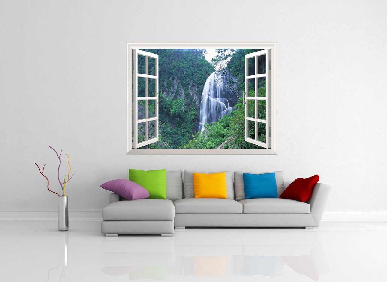 wall26 Grand Waterfall Green Mountain Open Window Wall Mural Wall Sticker - 36''x48''