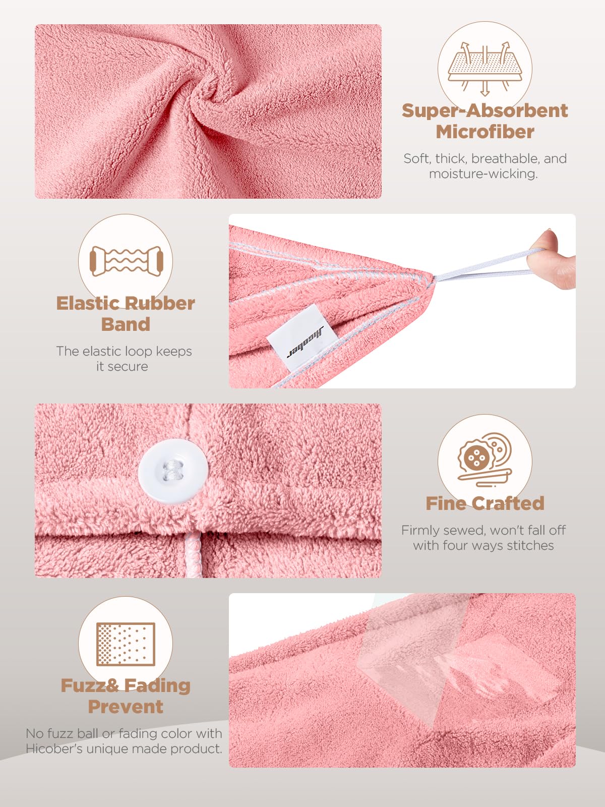 Hicober Microfiber Hair Towel, 2Packs Hair Turbans for Wet Hair, Drying Hair Wrap Towels for Curly Hair Women Anti Frizz(Pink,Gr
