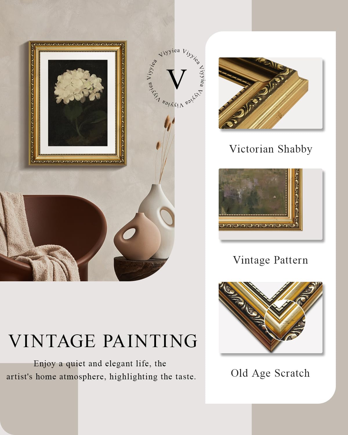 Viyyiea Gold Framed Wall Art Canvas Print Home Decor Vintage Flower Art Aesthetic Room Decor White Hydrangea Oil Painting Canvas