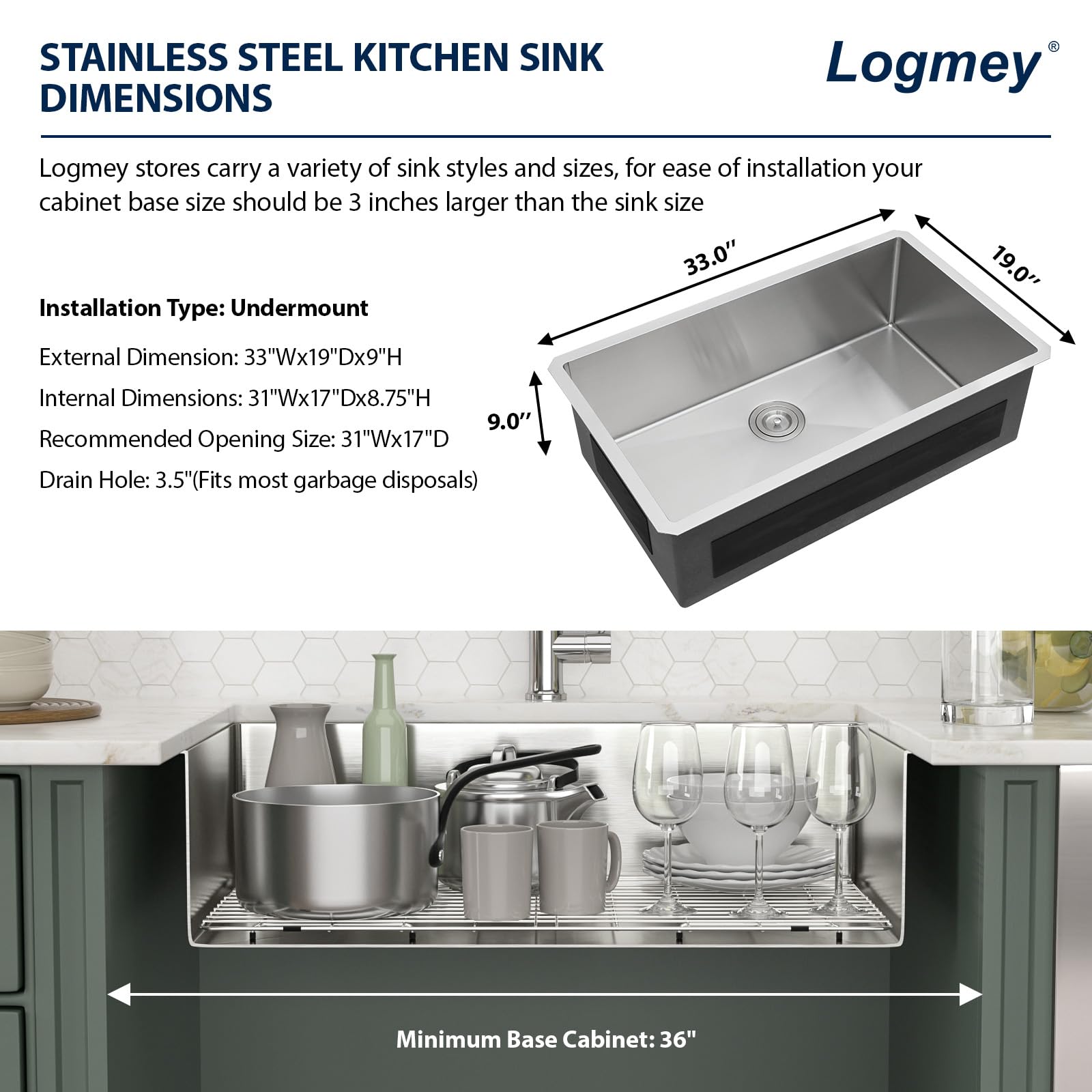 Logmey 33 Inch Undermount Kitchen Sink - 33X19 In Handmade Stainless Steel Undermount Sink 16 Gauge Single Bowl Sinks With Round