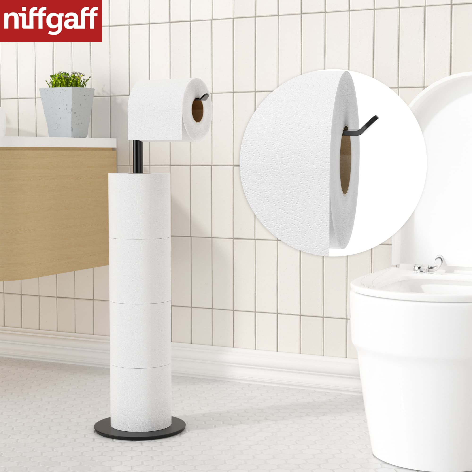 Black Toilet Paper Holder Stand and Dispenser for 4 Spare Rolls Toilet Paper Storage Stainless Steel Free-Standing Toilet Tissue Paper Roll Storage Shelf Bathroom Accessories