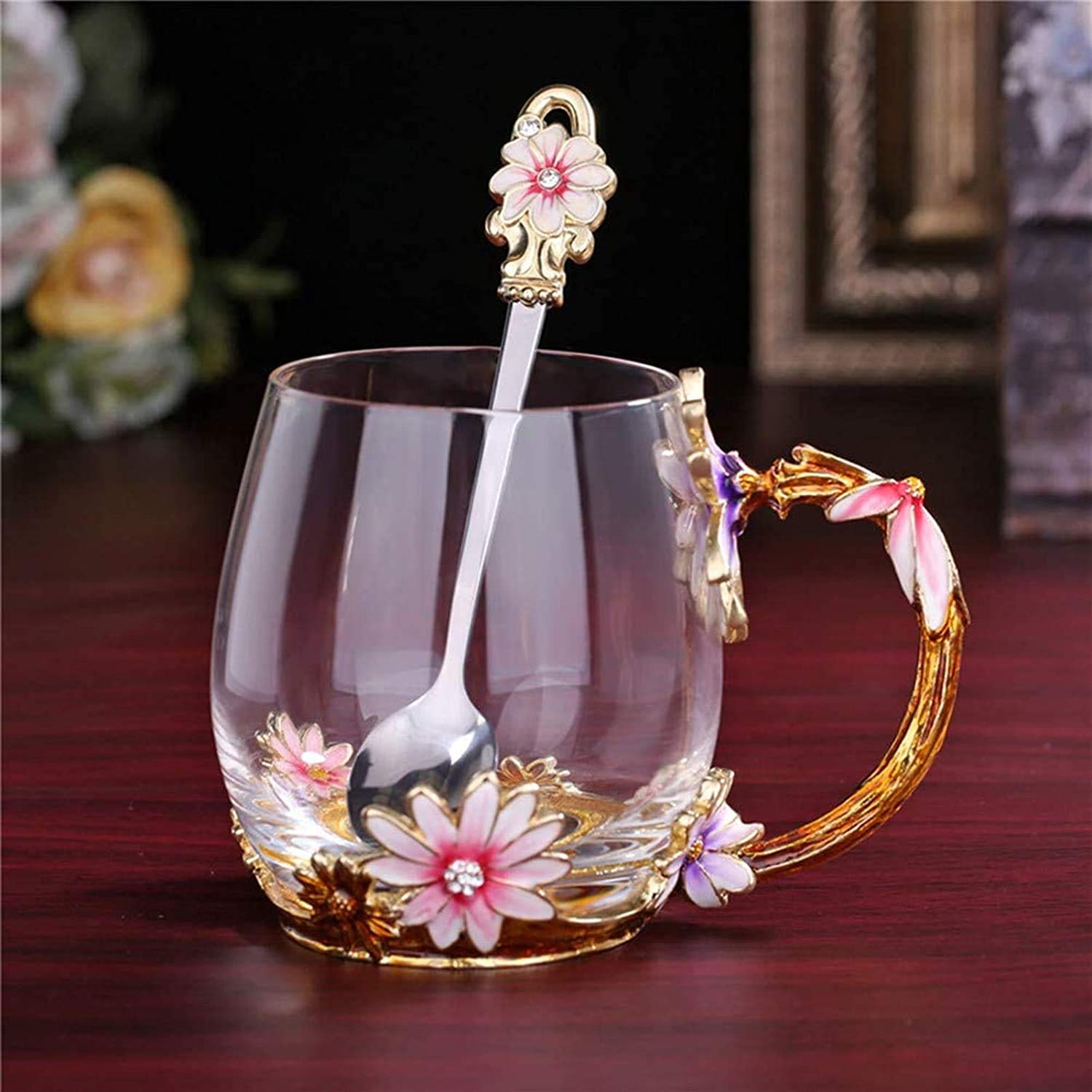 Evecase Daisy Flower Glass Mugs Tea Cup With Steel Spoon,Tea Lovers Gifts For Women,Wife,Mom,Female,Friends,Birthday,Mothers Day