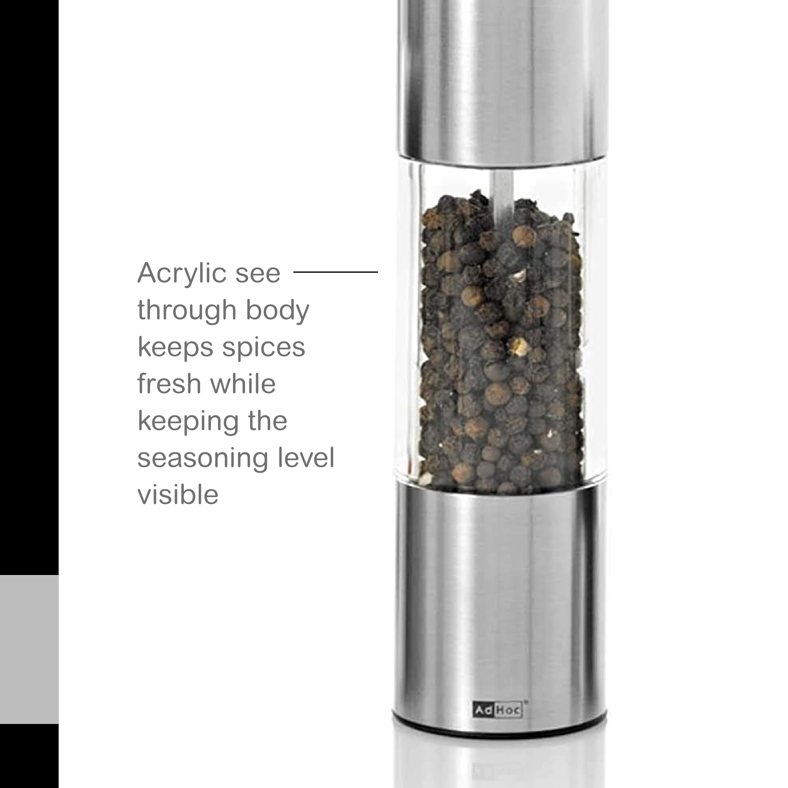 Adhoc Classic Medium Pepper Or Salt Mill - Acrylic Salt & Pepper Grinders With Grinder Closing Mechanism - Refillable Spice Tool