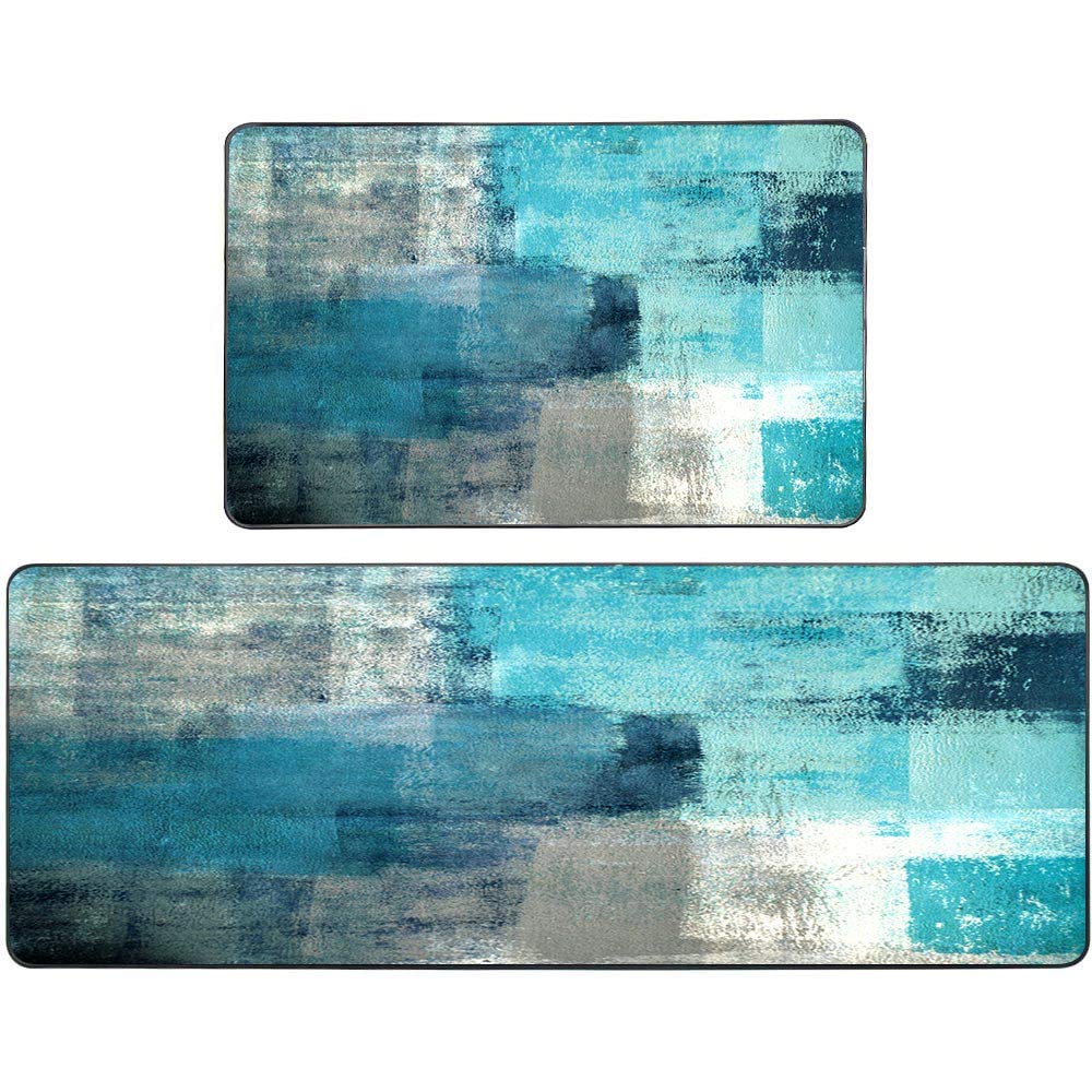 Tomwish Turquoise Kitchen Rug Kitchen Mats Turquoise And Grey Abstract Art Painting 18''X48''+18''X30'' Washable Non-Slip Kitche