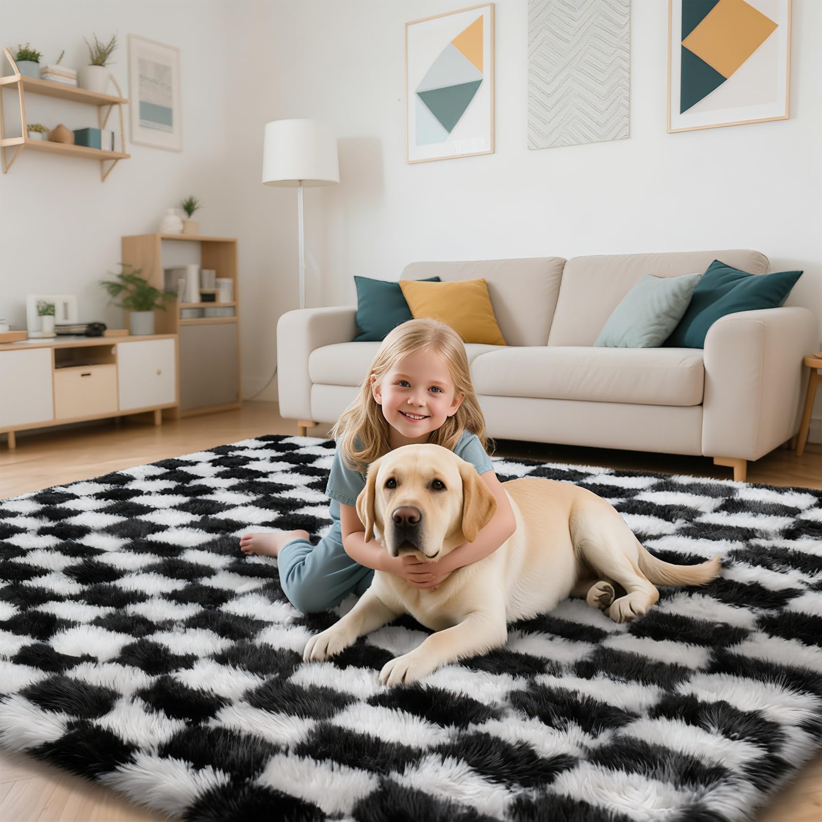 Checkered Rug for Bedroom, 4x6 Black and White Area Rugs, Classic Checkered Carpets Shaggy Area Rug, Bedside Rugs for Living Roo