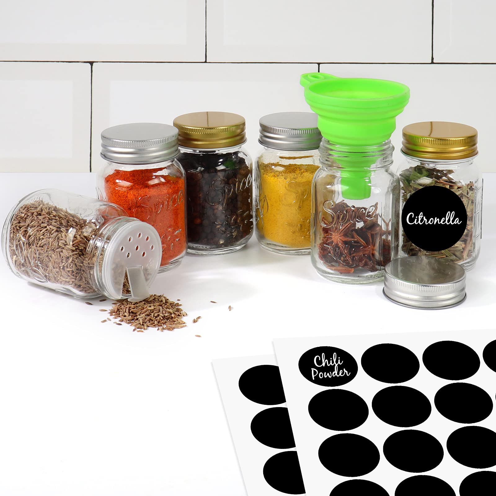 Cyclemore 15 Pack 4Oz Glass Mason Spice Jars, Round Spice Containers With Silver Metal Caps And Pour/Sift Shaker Lids-40Pcs Labe