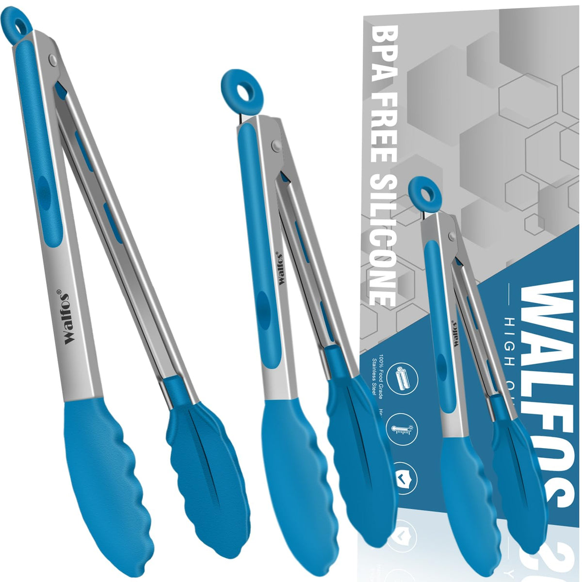 Walfos Kitchen Tongs - 7'' 9'' And 12'' Heat Resistant Food Tongs, Thickened Stainless Steel And Bpa Free Silicone Tips, Great F