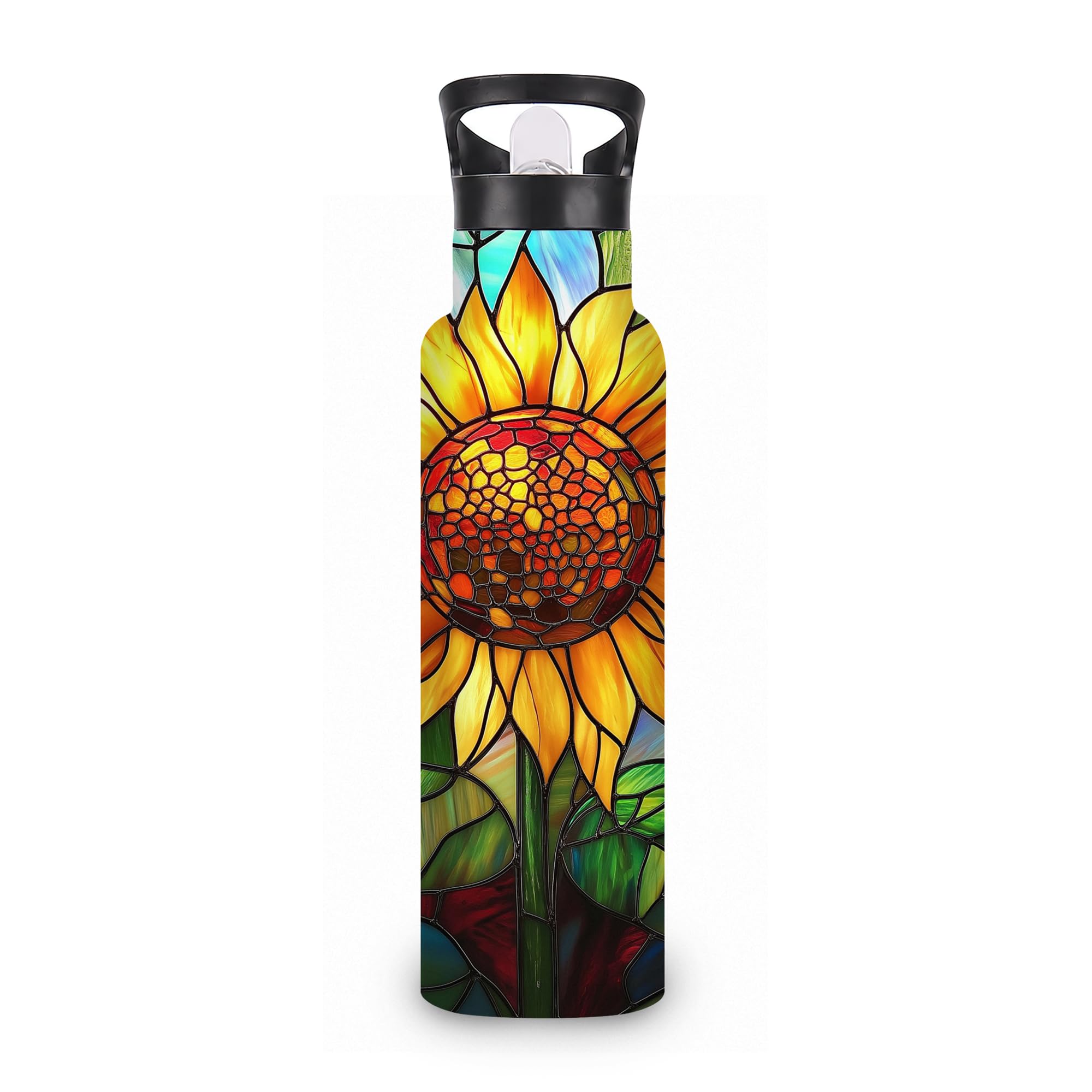 ICRICR Insulated Water Bottle,Stained Glass 20 oz Stainless Steel Water Bottles with Straw Lid,Sunflower Colorful Leak Resistant