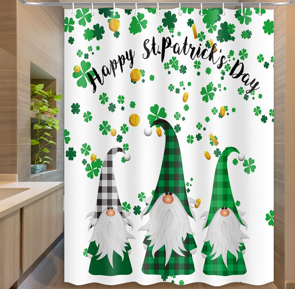Merchr Happy St. Patrick'S Day Shower Curtain, Green Clover Shamrock Leaf Irish Gnome Elf Design, Buffalo Check Plaid Decor Clot