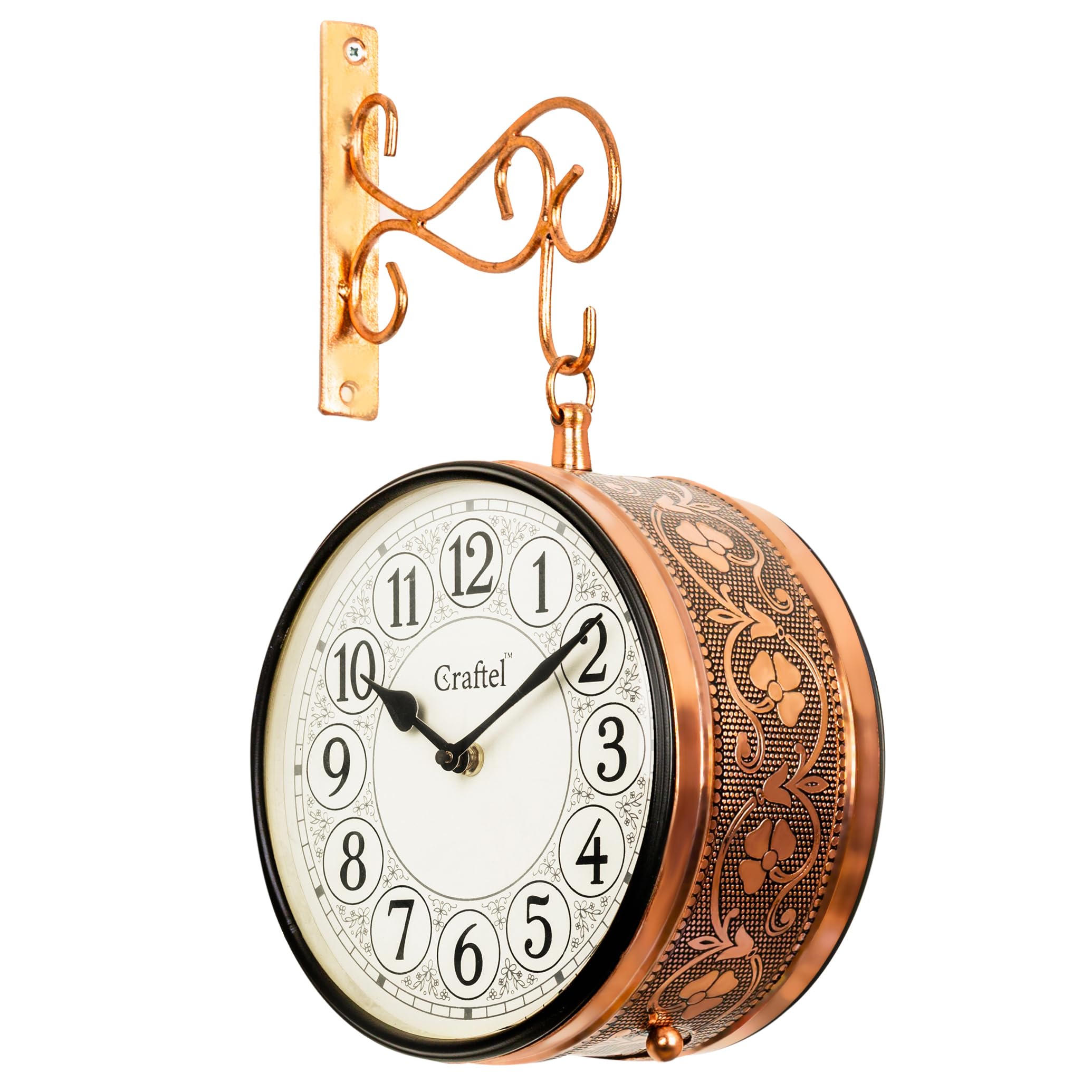 CRAFTEL Metal Analog Railway Wall Clock Vintage Double Sided Hanging Clock for Living Room Home and Office (Dial - 8 Inches, Ros
