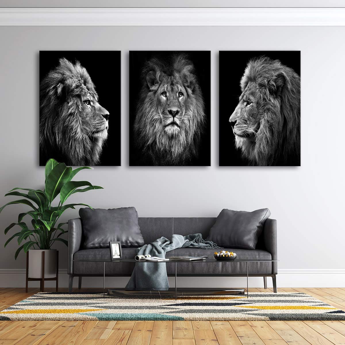 Muolunna Wall Art Black And White Lion Head Portrait Wall Art Painting Pictures Print 3 Pieces Canvas Animal For Bedroom Living