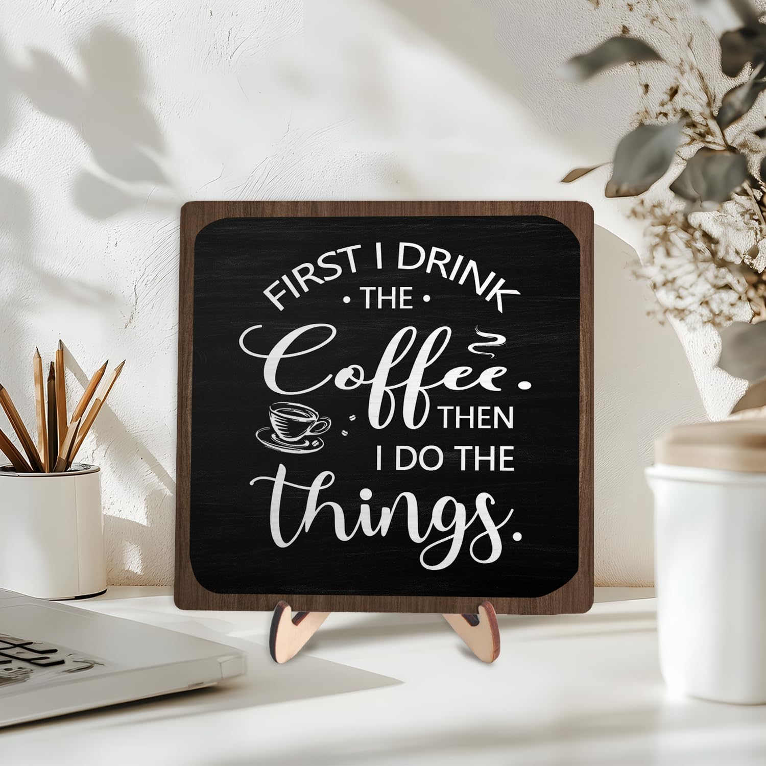 Rustic Wooden Plaque Coffee Sign - Farmhouse Coffee Bar Decor, Funny Desk Shelf Decor - 5.9 x 5.9Inch (Black + Brown)