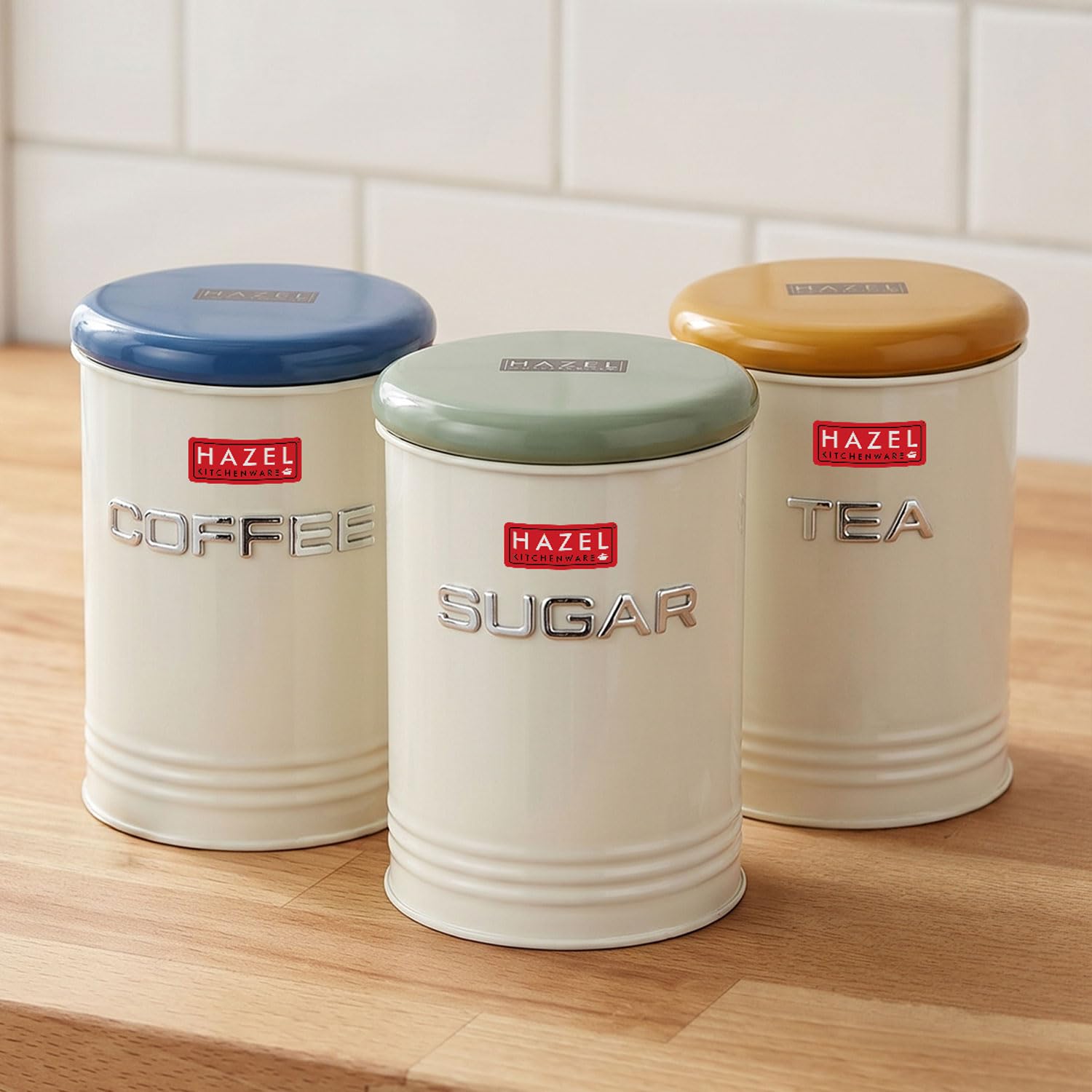 Hazel Tea Coffee Sugar Container Set Of 3 With Airtight Lid For Kitchen Storage