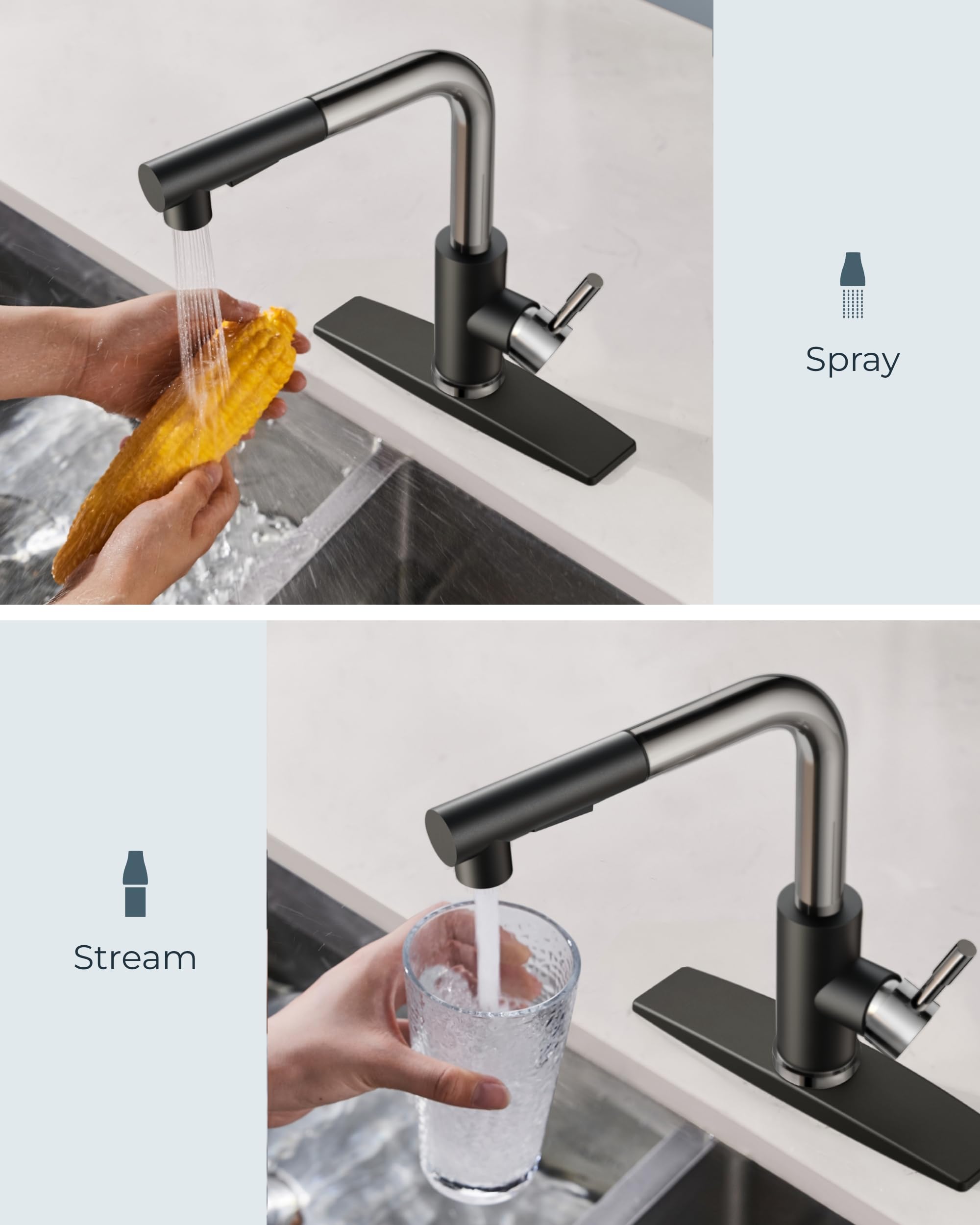 Forious Kitchen Sink Faucet, Pull Down Kitchen Faucet, Black And Chrome Kitchen Faucets With Pull Out Sprayer Stainless Steel Si