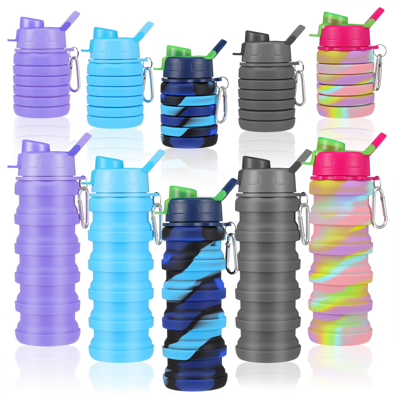 Xaajooio 5 Pack Foldable Water Bottles, 16 oz Silicone Reusable Foldable Water Bottle, Portable Leak Proof Travel Sports Bottle 