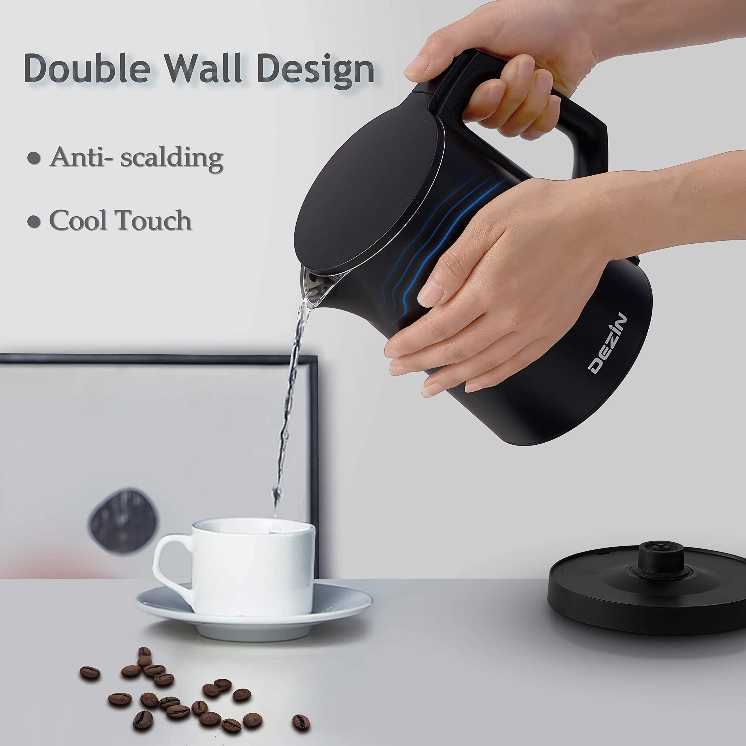 Dezin Electric Kettle, 0.8L Portable Travel Kettle With Double Wall Construction, 304 Stainless Steel Electric Tea Kettle For Bu