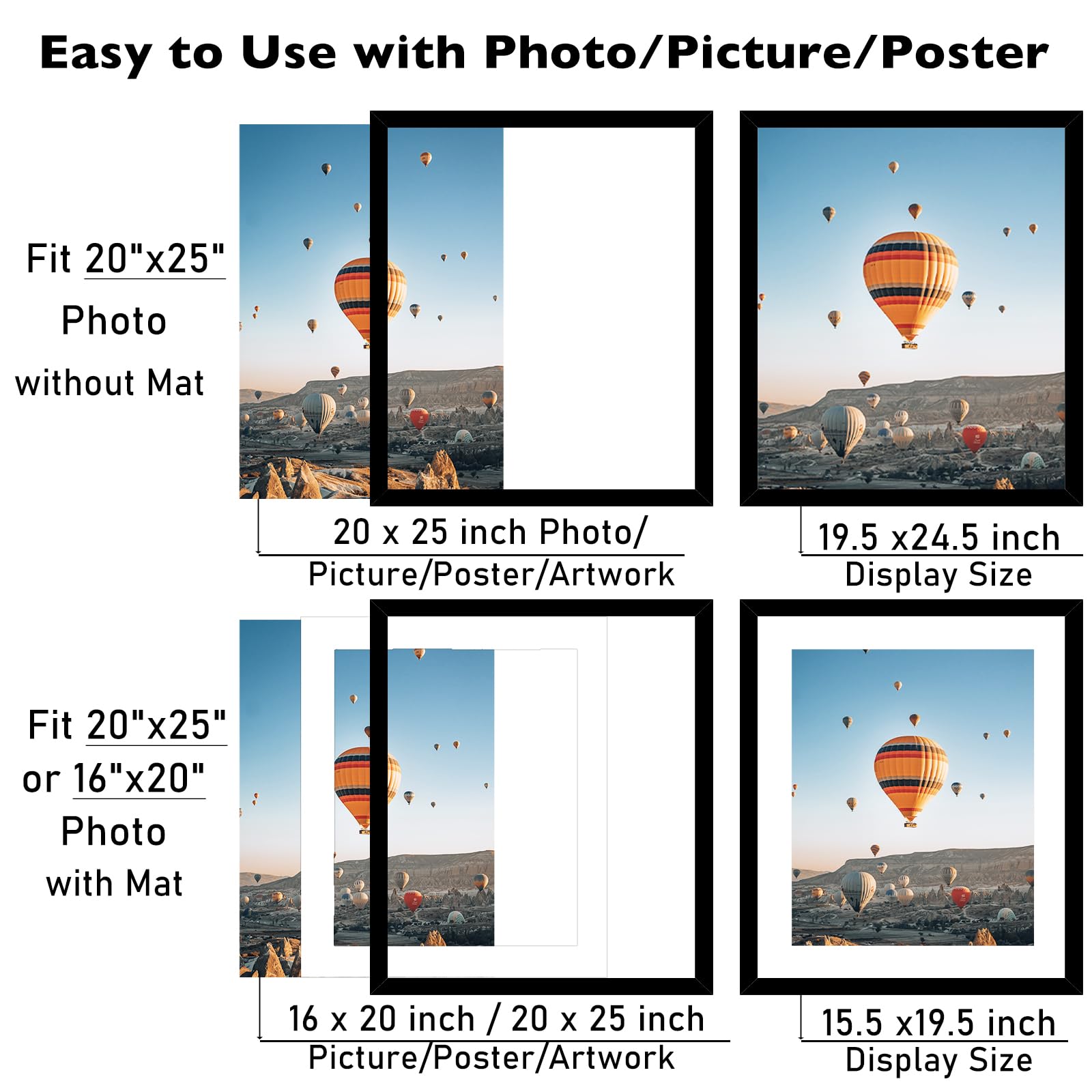 JCJMY 20x25 Picture Frame with 16x20 Mat, Display Photo 16x20 with Mat or 20 x 25 Without Mat, Wall Hanging Large 20 by 25 Poste