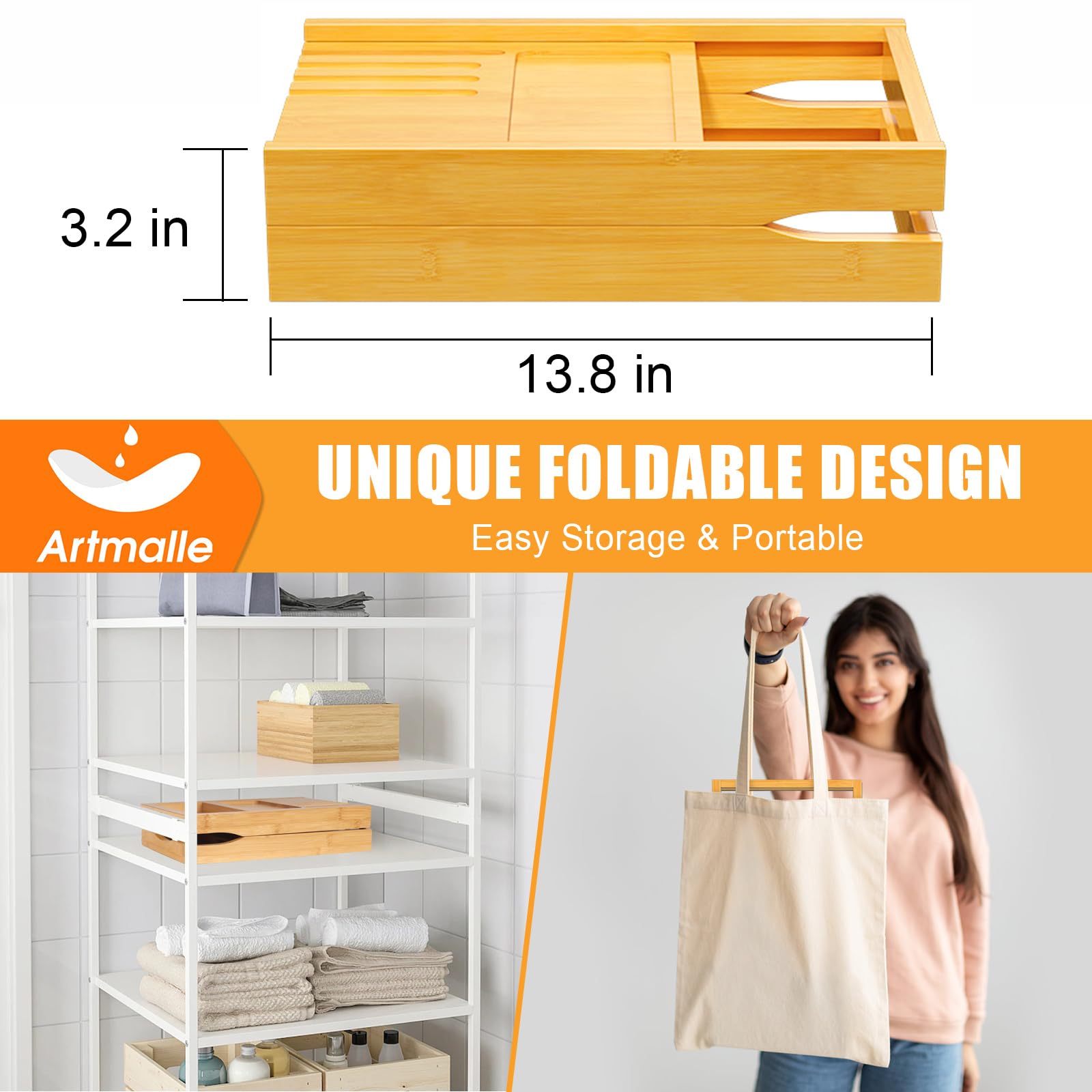 Artmalle Bathtub Caddy Tray For Tub, Expandable Bamboo Bath Table Tray With Book Stand For Home Spa Relaxing, Foldable Minimalis