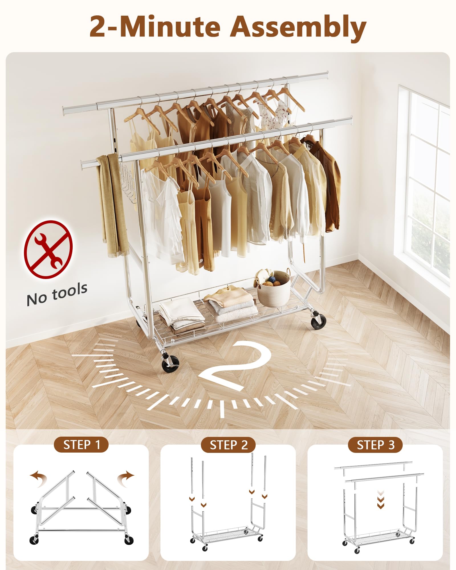 Hoctieon 2-Minute Assembly Double Rod Clothes Rack, Heavy Duty Rolling Clothing Racks With Wheels, Foldable Commercial Garment R