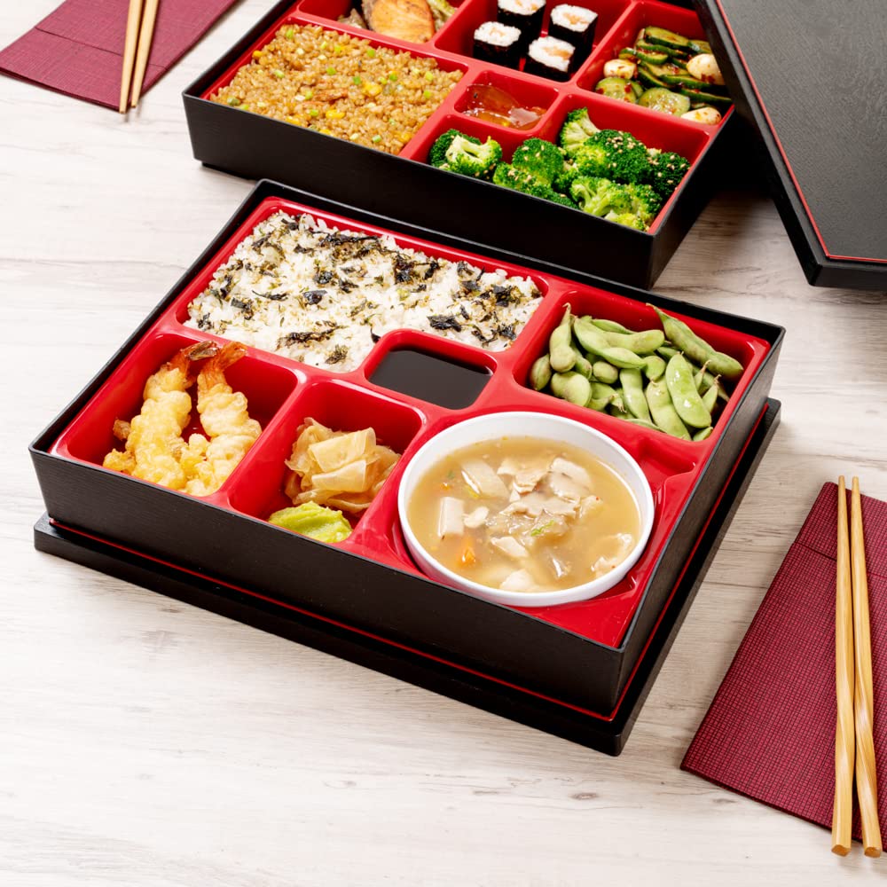 Restaurantware Bento Tek Rectangle Black & Red Large Japanese Style Bento Box - 6 Compartments, With Bowl - 12 1/4'' X 9 3/4'' X