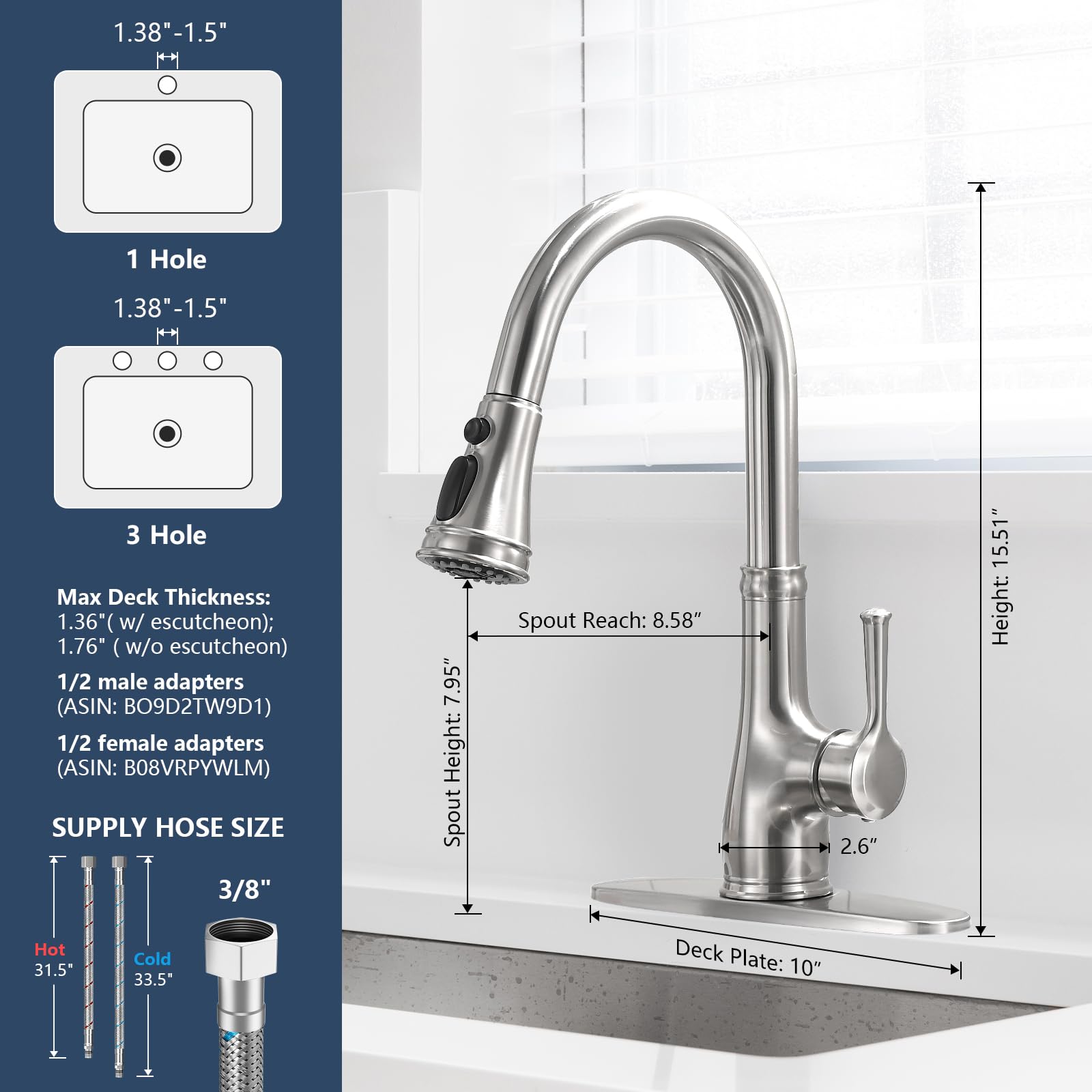 Kitchen Faucet-WEWE Single Handle Stainless Steel Brushed Nickel Pull Down Kitchen Sink Faucet with Pull Out Sprayer