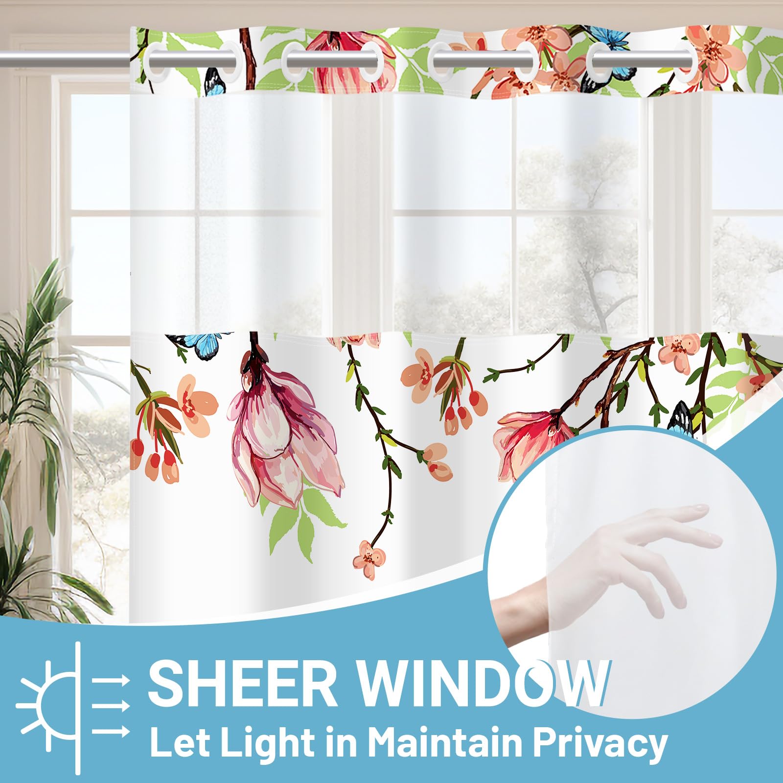 Withloc No Hook Shower Curtain With Snap In Liner - Fabric Waterproof Inner Liner, Plants Pink Floral Blue Nature Birds Cloth Sh