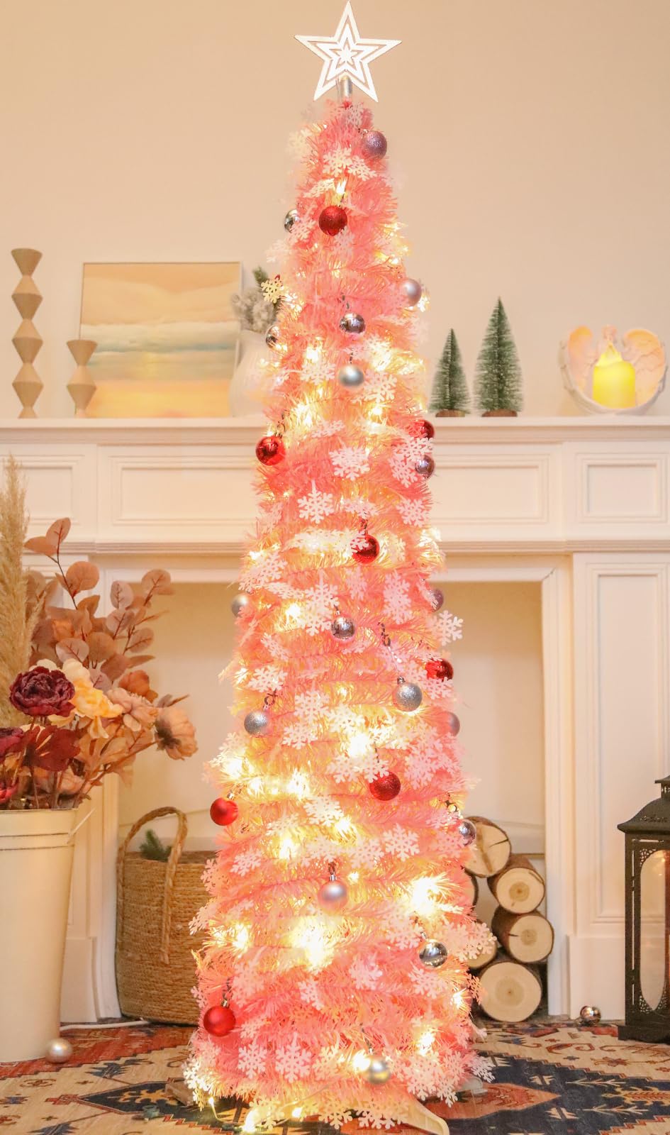 SINTENILL 5 FT Pop Up Christmas Tree with Timer Lights and Decorations, Pink Tinsel Artificial Christmas Tree with 24 Balls Orna